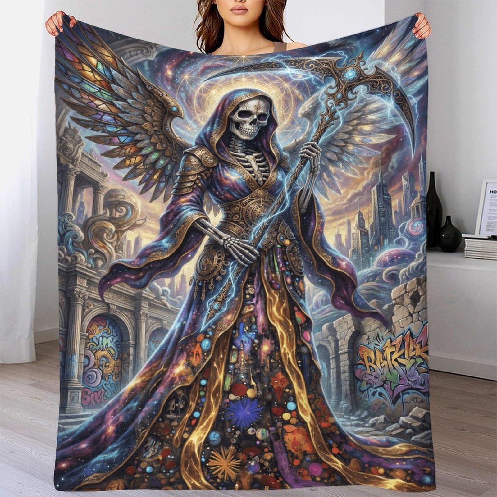 H3B8U2Y5 Art Nouveau Skull Grim Reaper Flannel Throw Blanket, Couch TV Time
