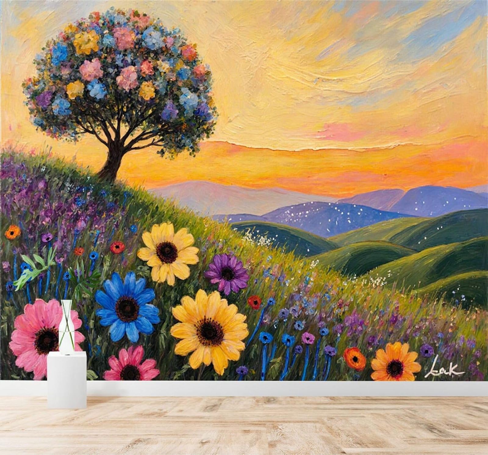 XLMING Sunset Colourful Trees Wildflowers Grasslands Rolling Hills 3D Wallpaper Premium Textured Silk Study Dining Living Room Bedroom Sofa TV Wall Easy Install-300cm×210cm