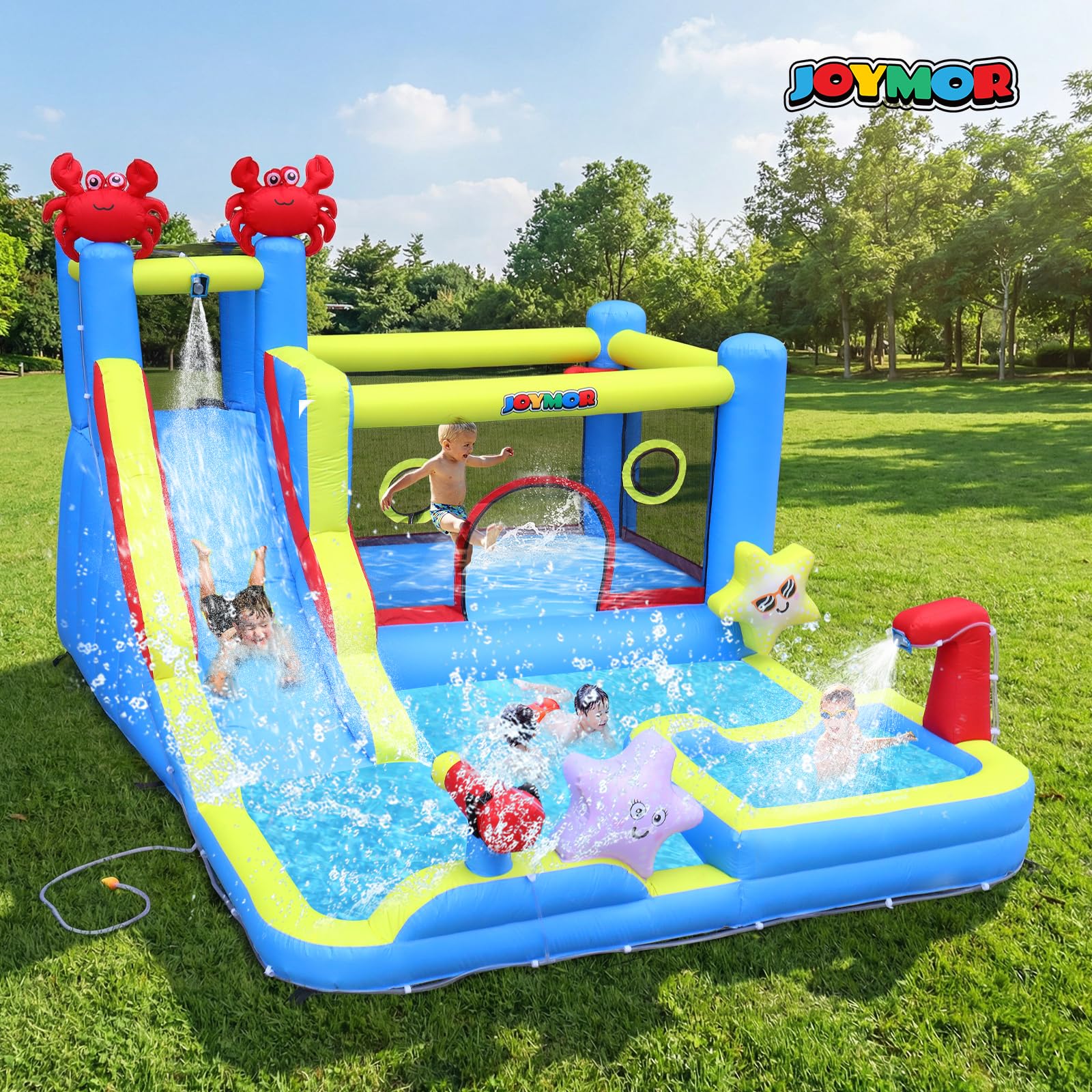 Bonnlo hüpfburg Indoor/Outdoor, hüpfburg mit Gebläse und Troken-/Wasserrutsche, Spielhaus Outdoor für Kinder ab 3 Jahre (Blau-XXL)