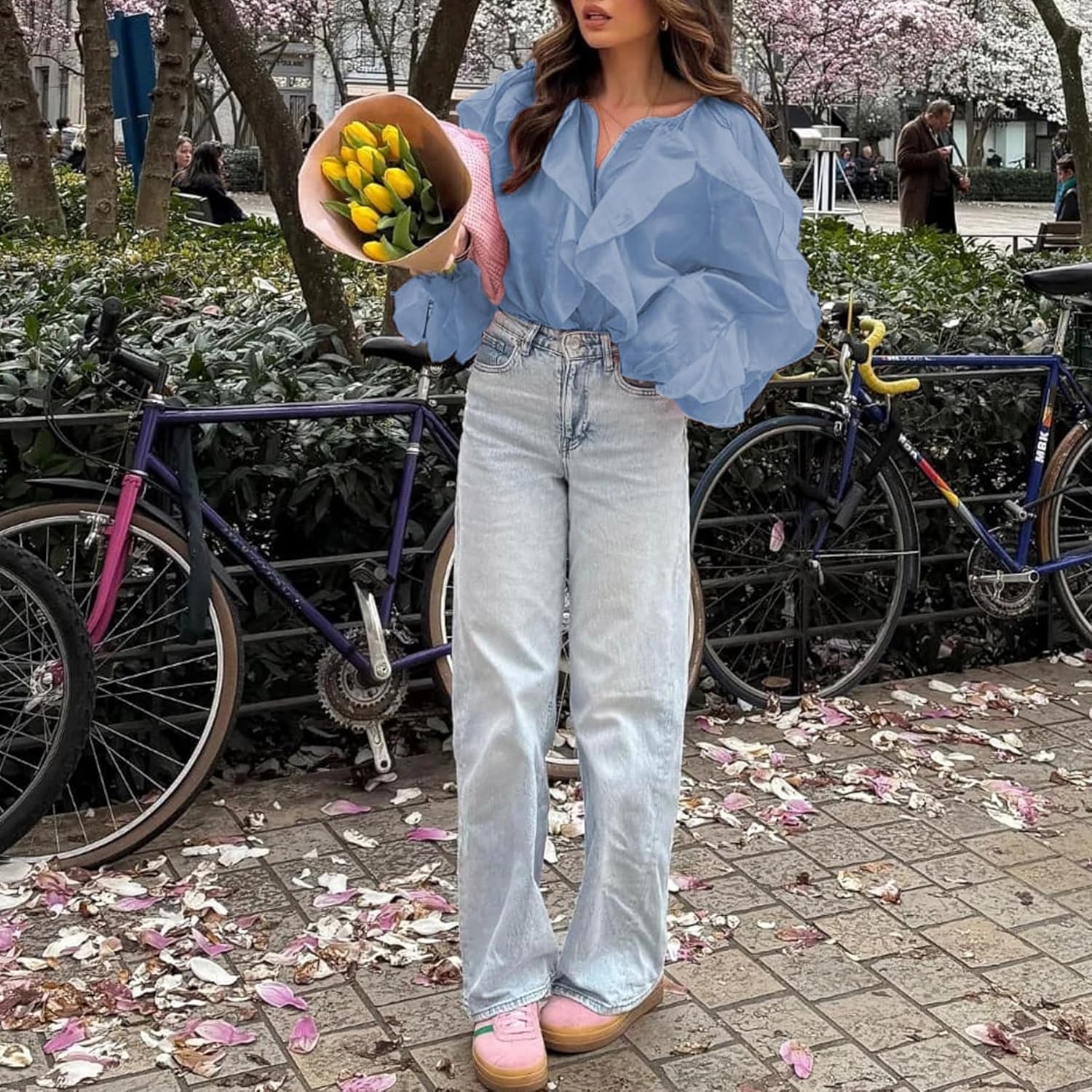 LETSVDO Women's Ruffle Chiffon Tops Puff Sleeve Sheer See Through Button Down V Neck Bubble Loose Casual Blouses Shirts - Image 6