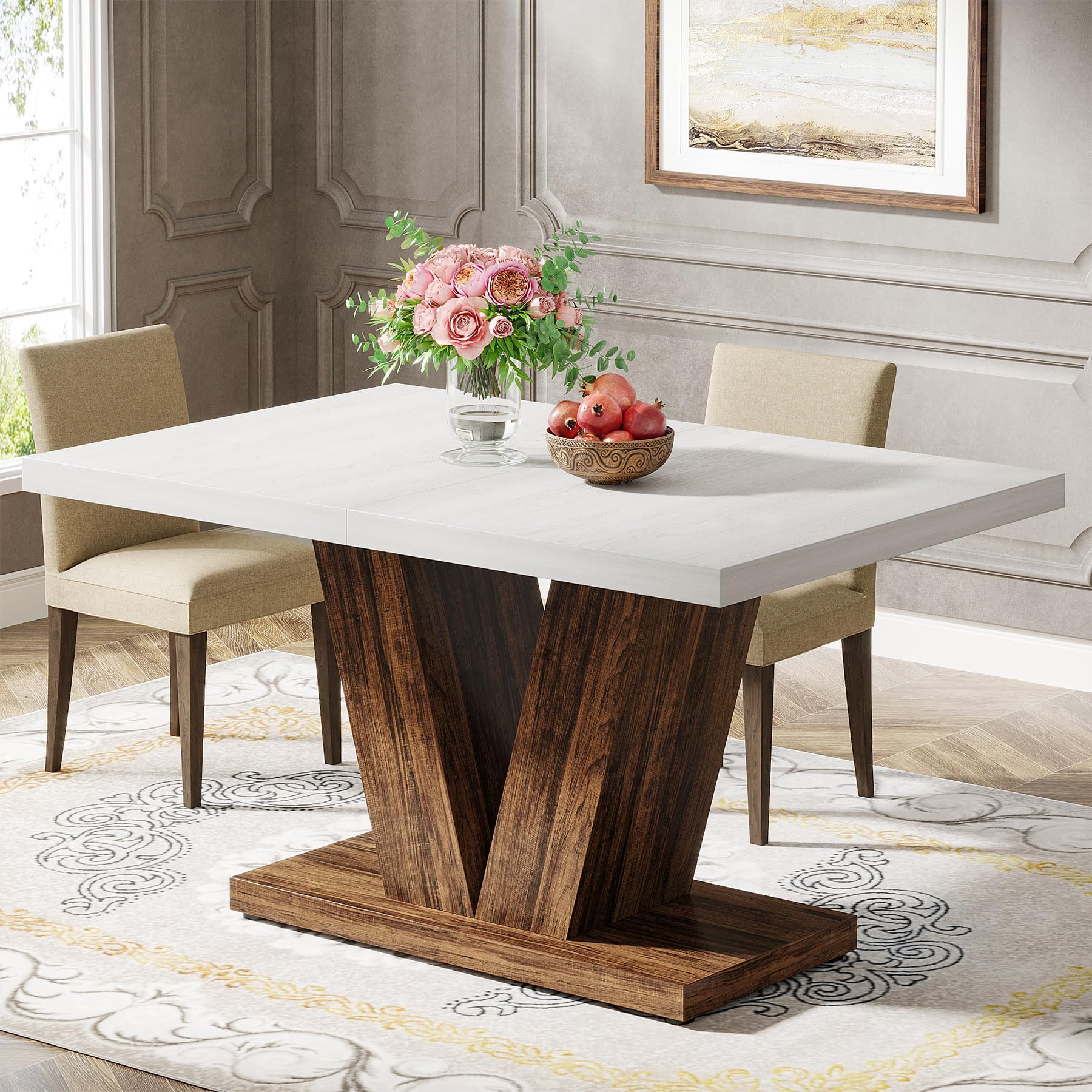 Tribesigns 120 CM Dining Table for 4, White Kitchen Dinner Table with Heavy Duty Pedestal, Farmhouse Wooden Eating Table for Home, Dining Room, Small Space, White & Brown