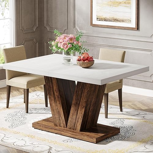 Miniatura 10 de Tribesigns Mesa de comedor de 47 pulgadas para 4, mesa de comedor de cocina marrón nogal con pedestal resistente, mesa de comedor de madera de Café