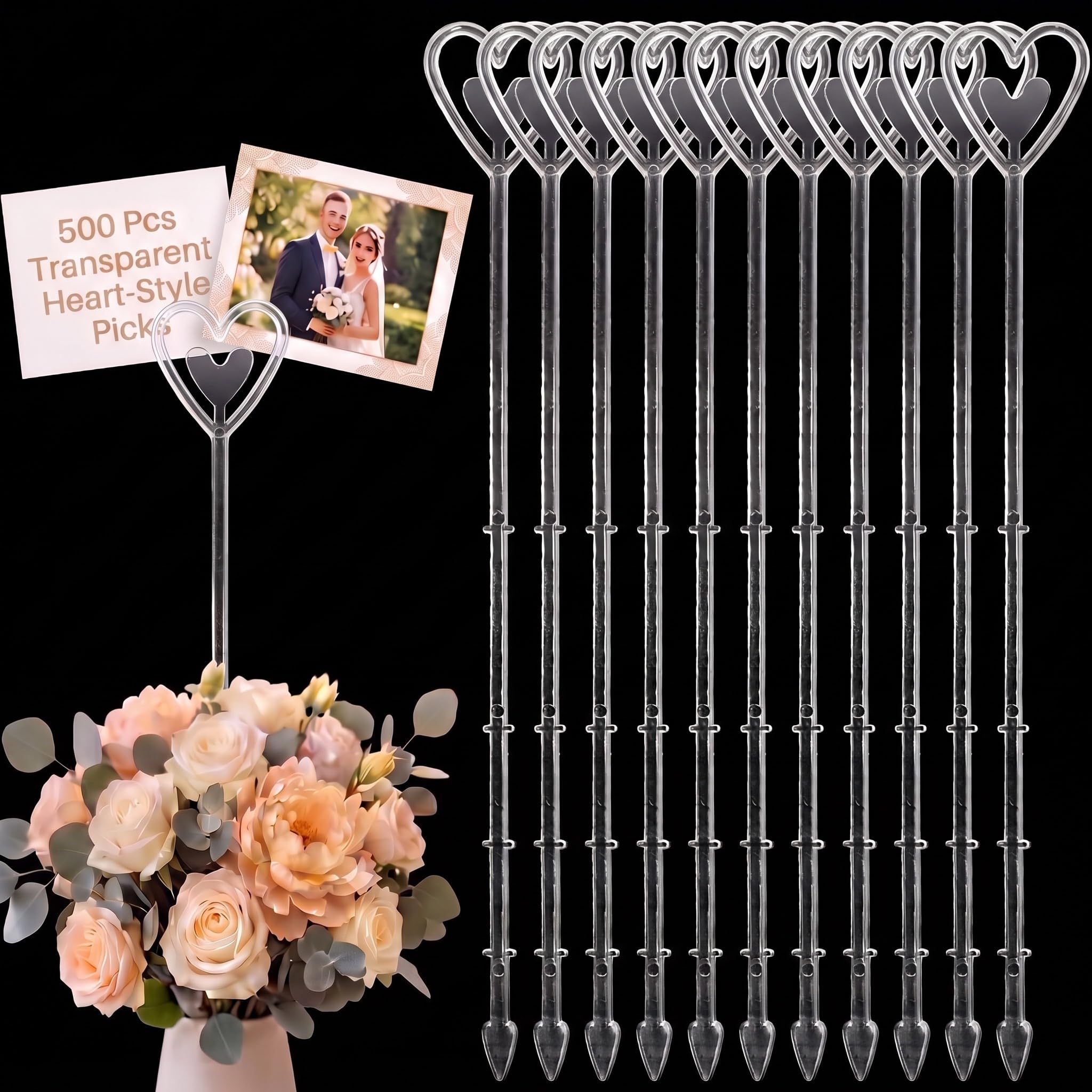 500 Pcs Floral Card Holder Picks, 9 Inch Clear Heart Sticks for Weddings