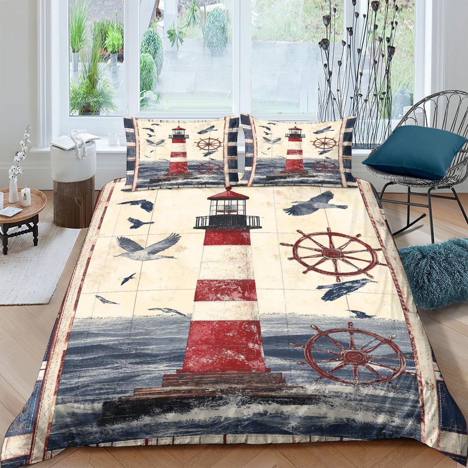 Ctjqhvkz Style-10 3D Printed Lighthouse Nautical Fitted Sheet Microfiber Soft Marine Compass Bed Cover For Bedroom Guest Room Decor Single（135X200cm）