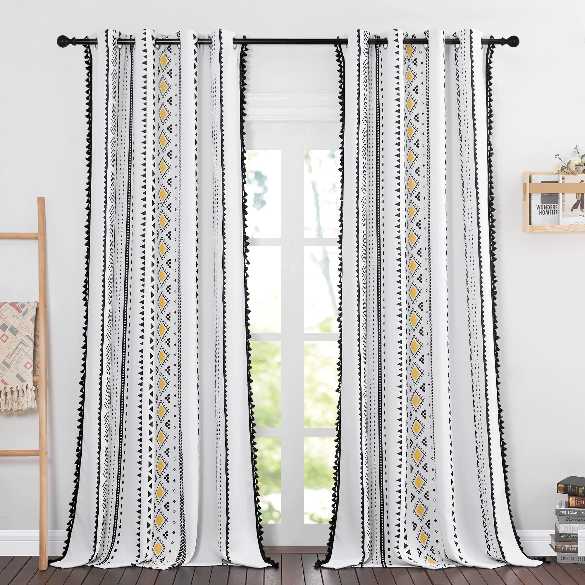 NICETOWN Rideaux occultants en macramé bohème blanc de 213,4 cm de long, 2 panneaux, rideaux à œillets décoratifs jaunes et noirs pour salon, chambre à coucher, 132,1 x 213,4 cm (l x L)