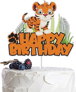 Baby Tiger Happy Birthday Cake Topper Black Orange Glitter Safari Jungle Wild Animals Theme Birthday Cake Decor Cute Tiger Zoo Animal Party Decoration Supplies for Kids Boys Girls