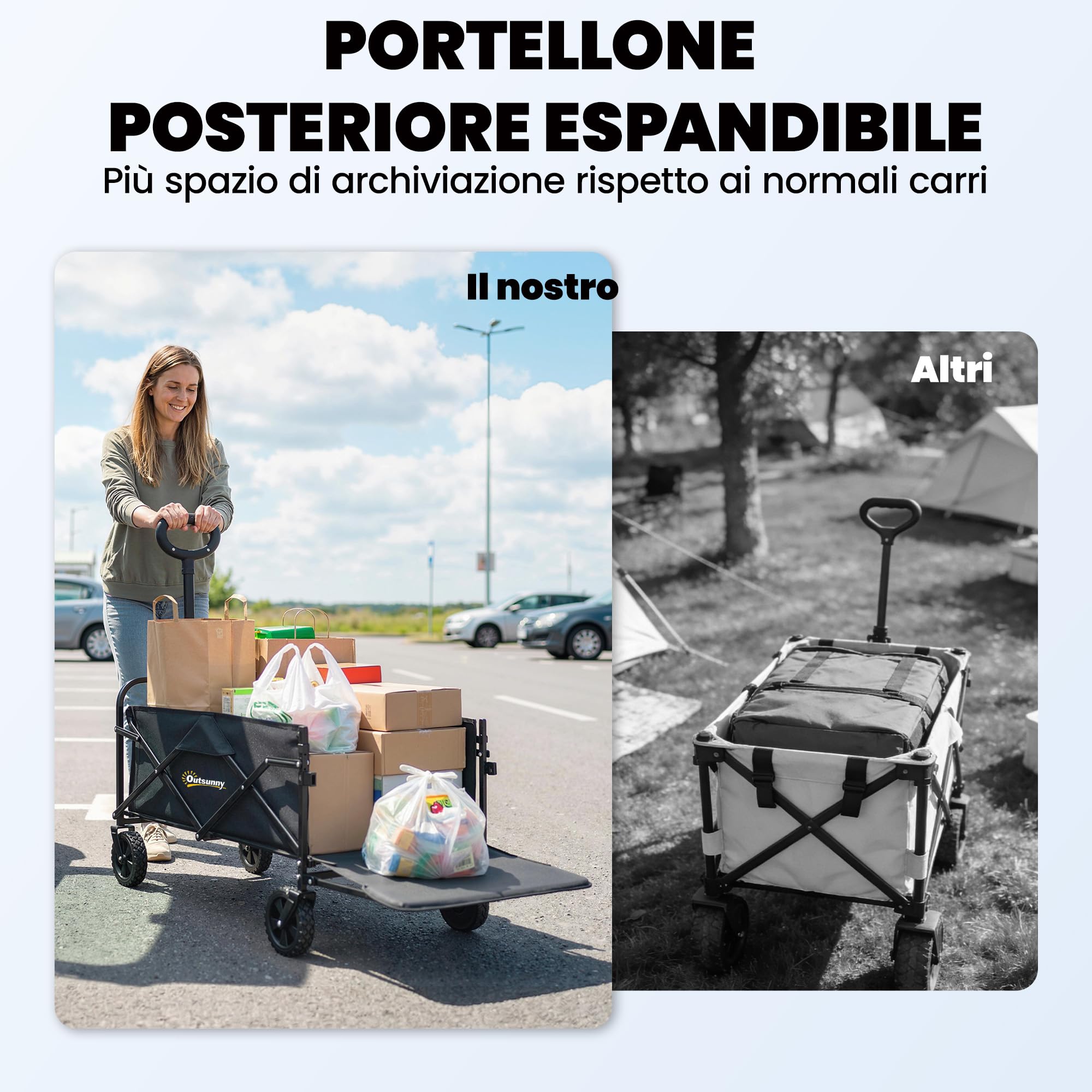 Outsunny Carrello da Giardino Pieghevole 72L con 4 Ruote, Carrello da Campeggio in Tessuto Oxford con Borsa da Trasporto e Maniglia Regolabile per Picnic, Spiaggia e Pesca, Nero