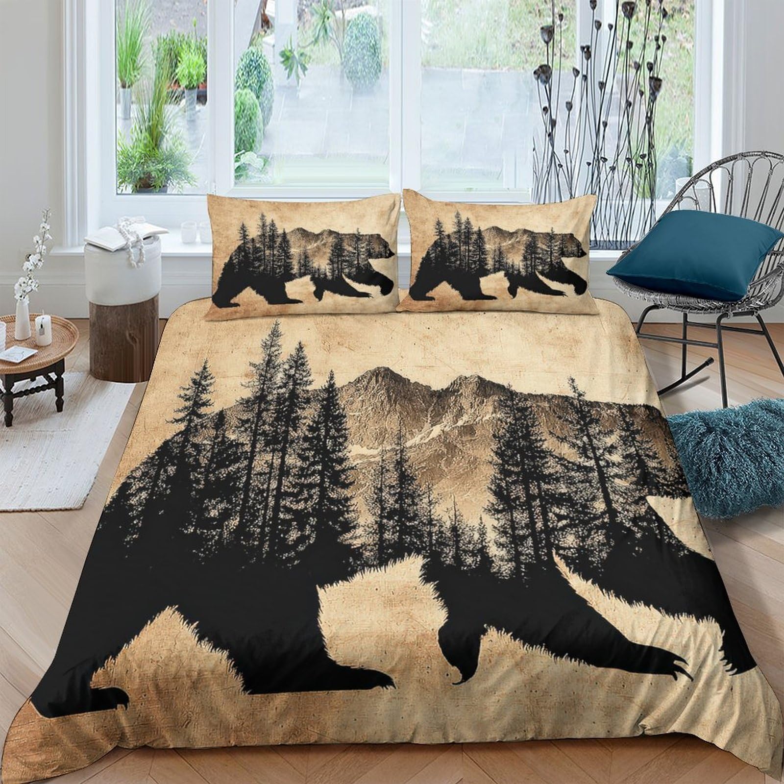 Ctjqhvkz Style-3 3D Printed Forest Bear Fitted Sheet Microfiber Soft Brown Mountain Bed Cover For Bedroom Dorm Protection Decor Single（135X200cm）
