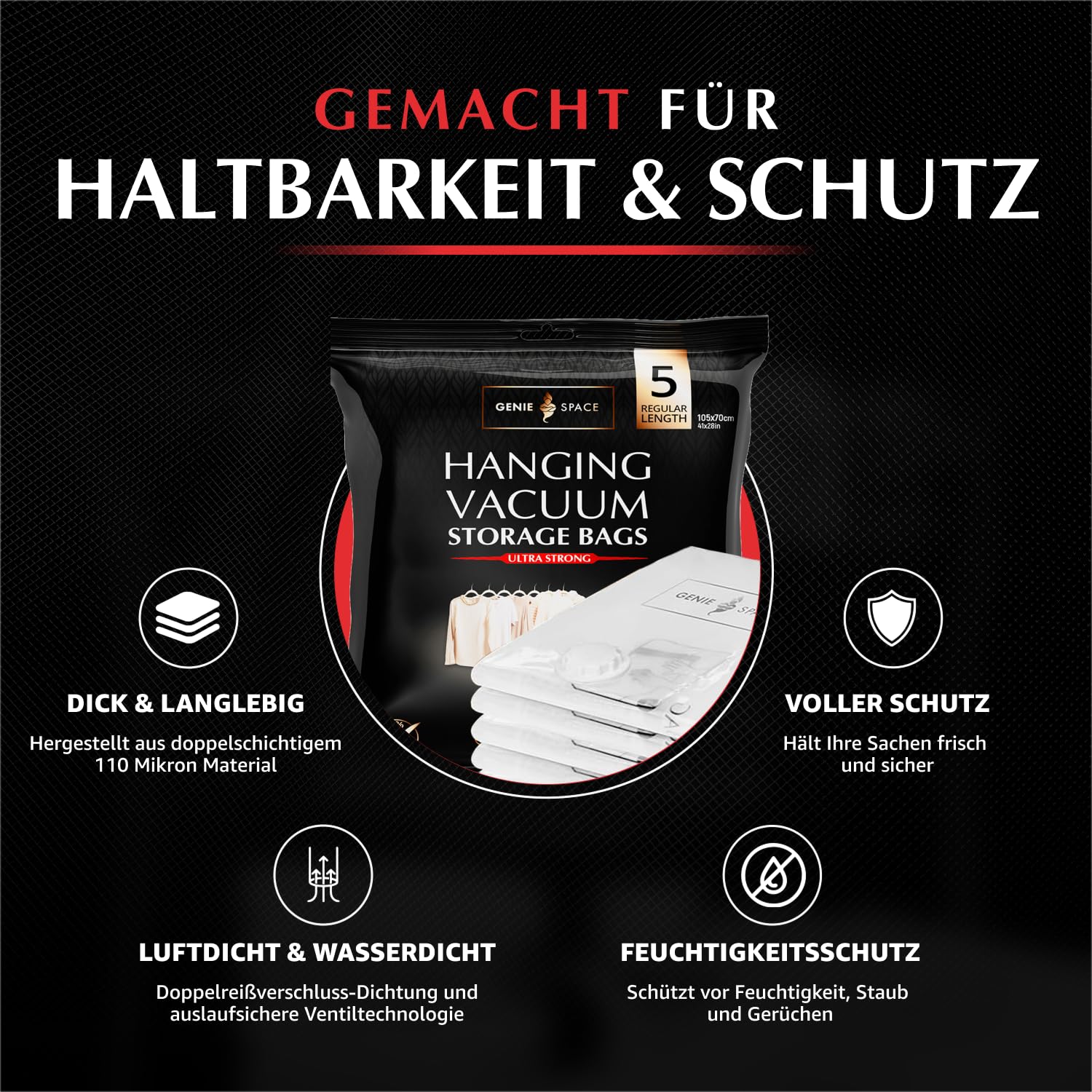 GENIE SPACE Premium Vakuumbeutel zum Aufhängen für Kleidung, Anzüge & Kleider – 5er Pack REGULAR (105×70 cm), Luftdicht, Geruchsdicht & Wiederverwendbar – Doppelt versiegelt, mit Handpumpe