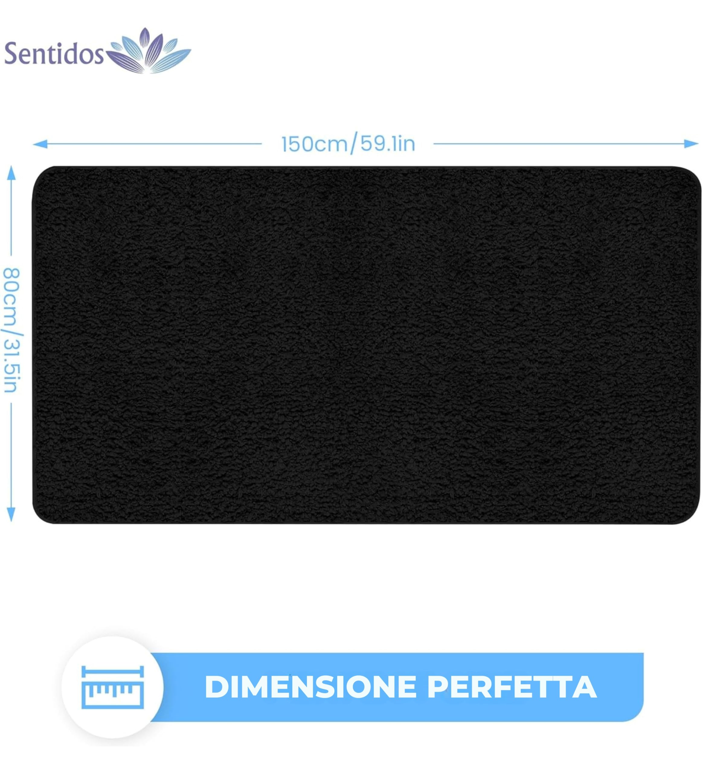 Sentidos Tappeto da Bagno Antiscivolo, Morbido, Assorbente, Lavabile in Lavatrice, Ideale per Vasca, Doccia e Cucina, 80x150 cm - Nero