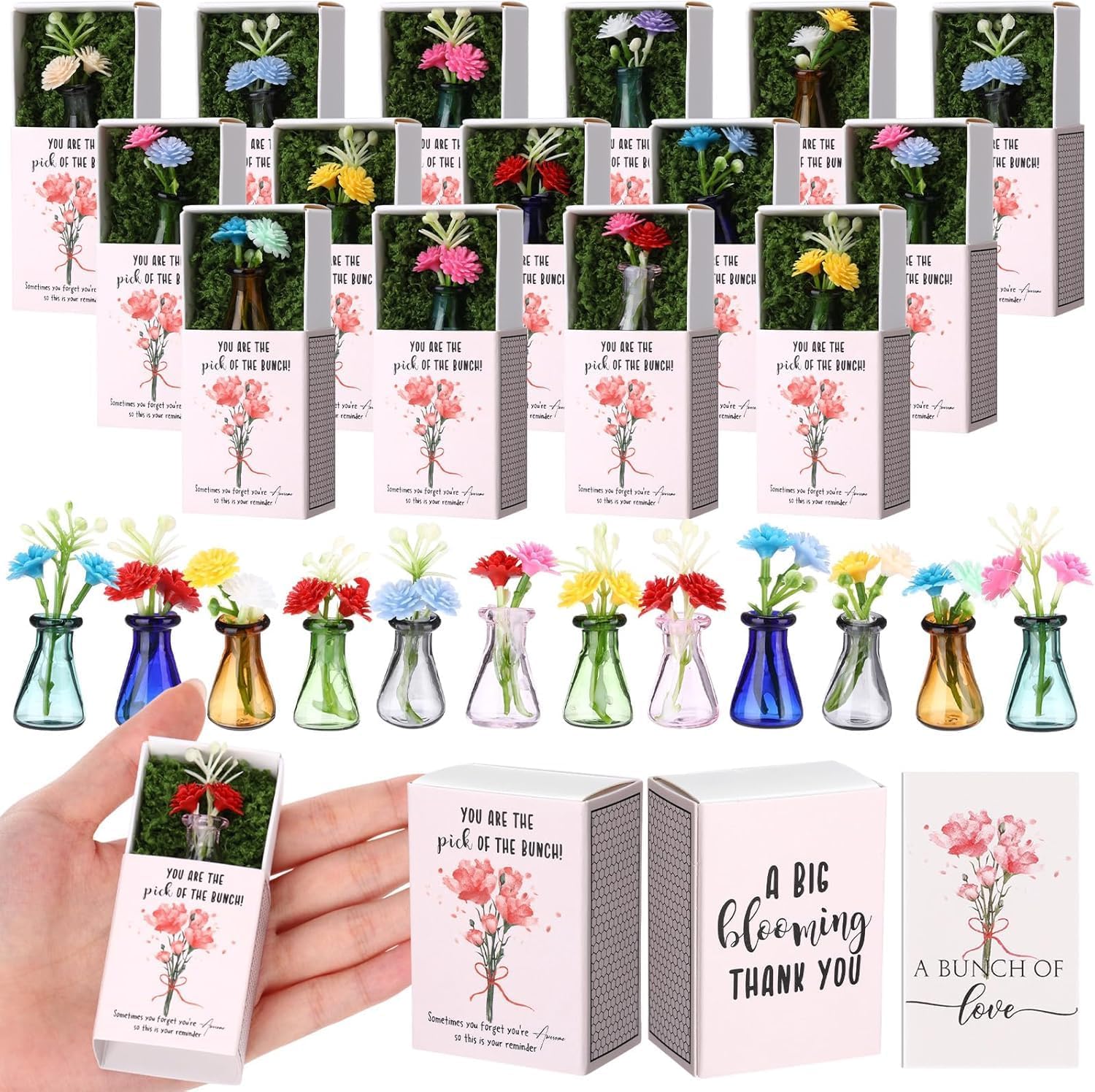 24 Sets Thank You Bulk Gifts for Women Mothers Day Teacher Appreciation Positive Mini Bud Vases with Flowers Office Desk Decor Mini Box Breathing Gifts for Nurse Graduation Office Coworker (Gray)