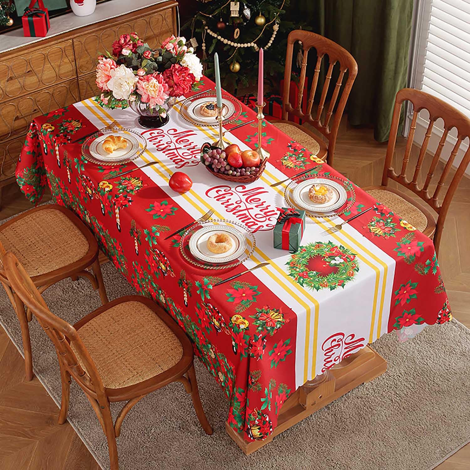 Grandes Mantel Rojo Navidad Flores, Mantel Navideño Rectangular de Invierno, Manteles de Navidad Antimanchasde Poliéster para Mesa Decoración de Mesa Hogar,150x400cm