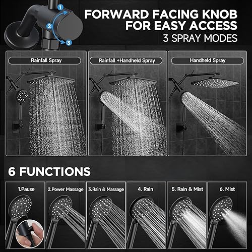 Miniatura 3 de Veken Cabezal de ducha de lluvia de alta presión de 12 pulgadas con brazo de extensión, cabezal de ducha de lluvia ancho con 6 rociadores de agua de