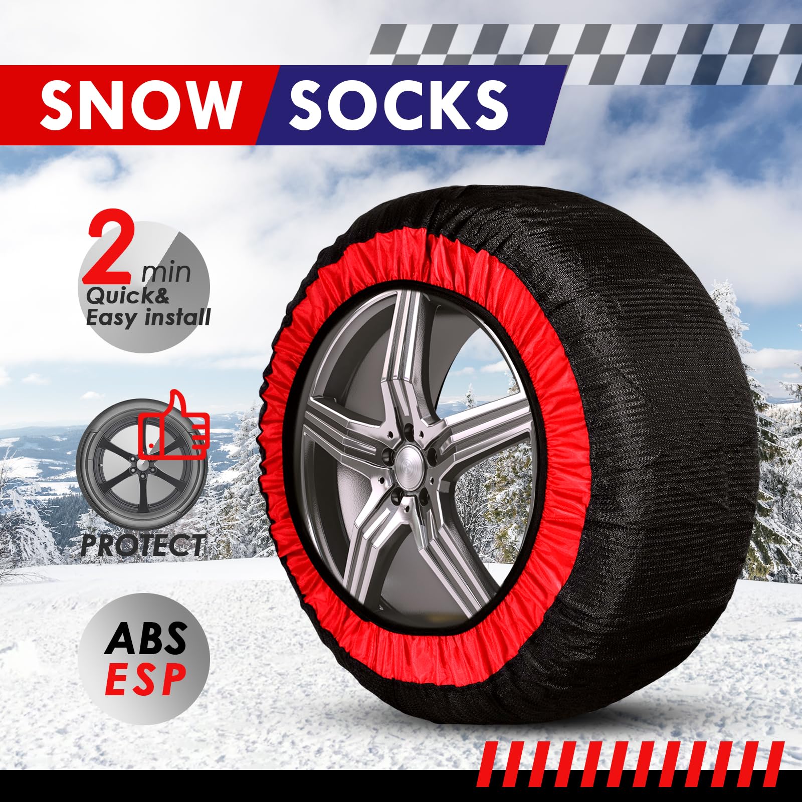 CCLIFE Schneesocken Auto 2er Set Textil-Schneeketten Geeignet für PKW, Kleinwagen und leichte SUV, Reifengrößen R13 bis R22