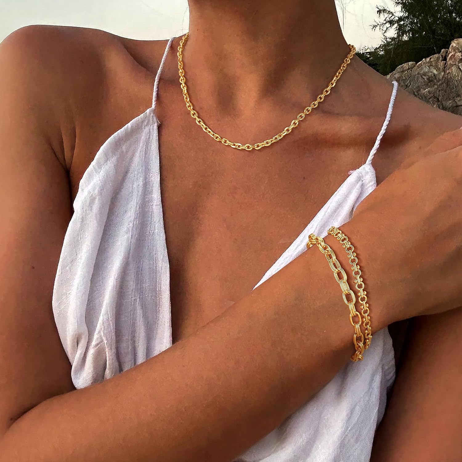 Dremmy Studios Gold Bracelet for Women 18K Gold Plated Dainty Paperclip Cubic Zirconia Disc Coin Star Cable Satellite Bead Pearl Simple Boho Minimalist Stacking Layered Link Jewelry Gift - Image 3