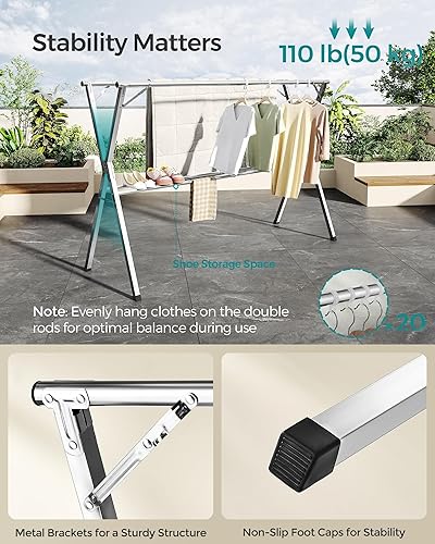 Miniatura 4 de SONGMICS Tendedero de secado de ropa resistente, 52.4-78.7 pulgadas extensible, plegable independiente, acero inoxidable, para uso en interiores y