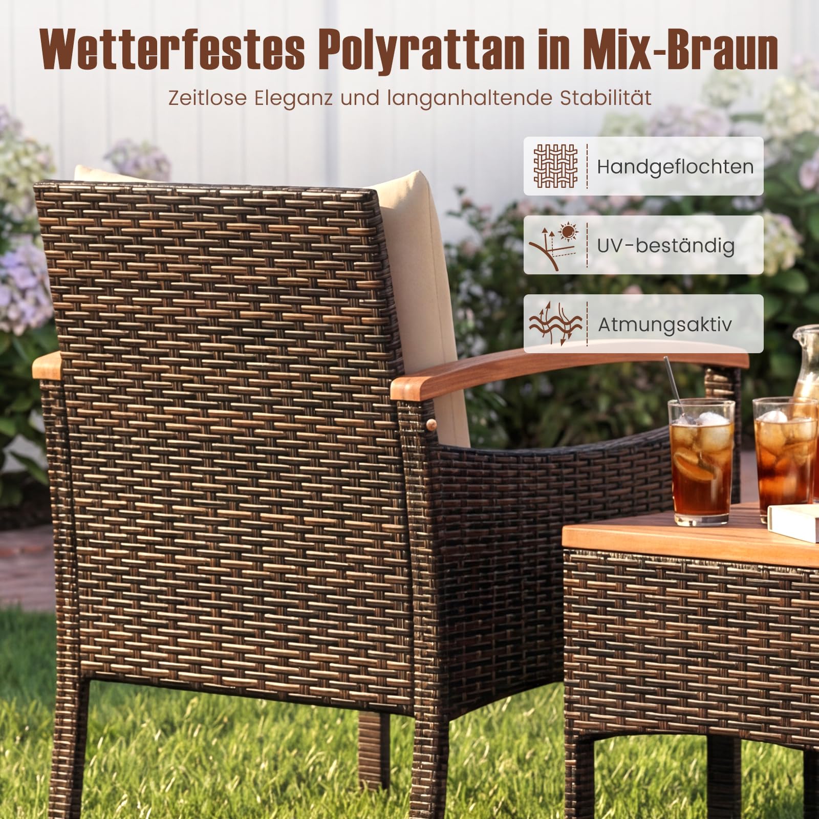COSTWAY Balkonmöbel Set, Rattan Gartenmöbel Set 3 teilig mit 2 Stühle und Tisch aus Akazienholz, Balkonmöbel Kleiner Balkon, Gartenlounge 2 Personen inkl. Kissen, für Garten Terrassen Balkon (Braun)