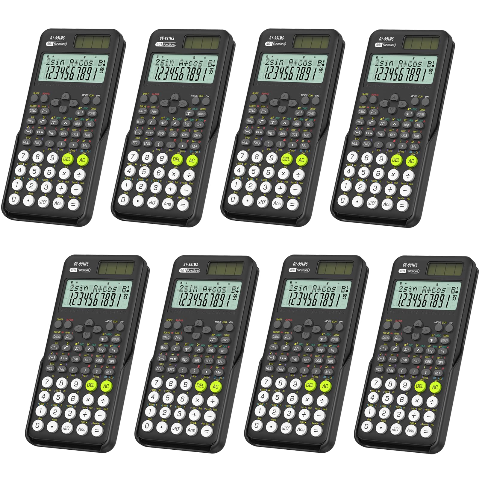 Scientific Calculators Bulk 8 Pack School Supplies, ROATEE 991MS 401 Functions 2-Line Display Desktop Calculator for Student with Sliding Cover, Solar Battery Dual Power for Middle High School Teacher