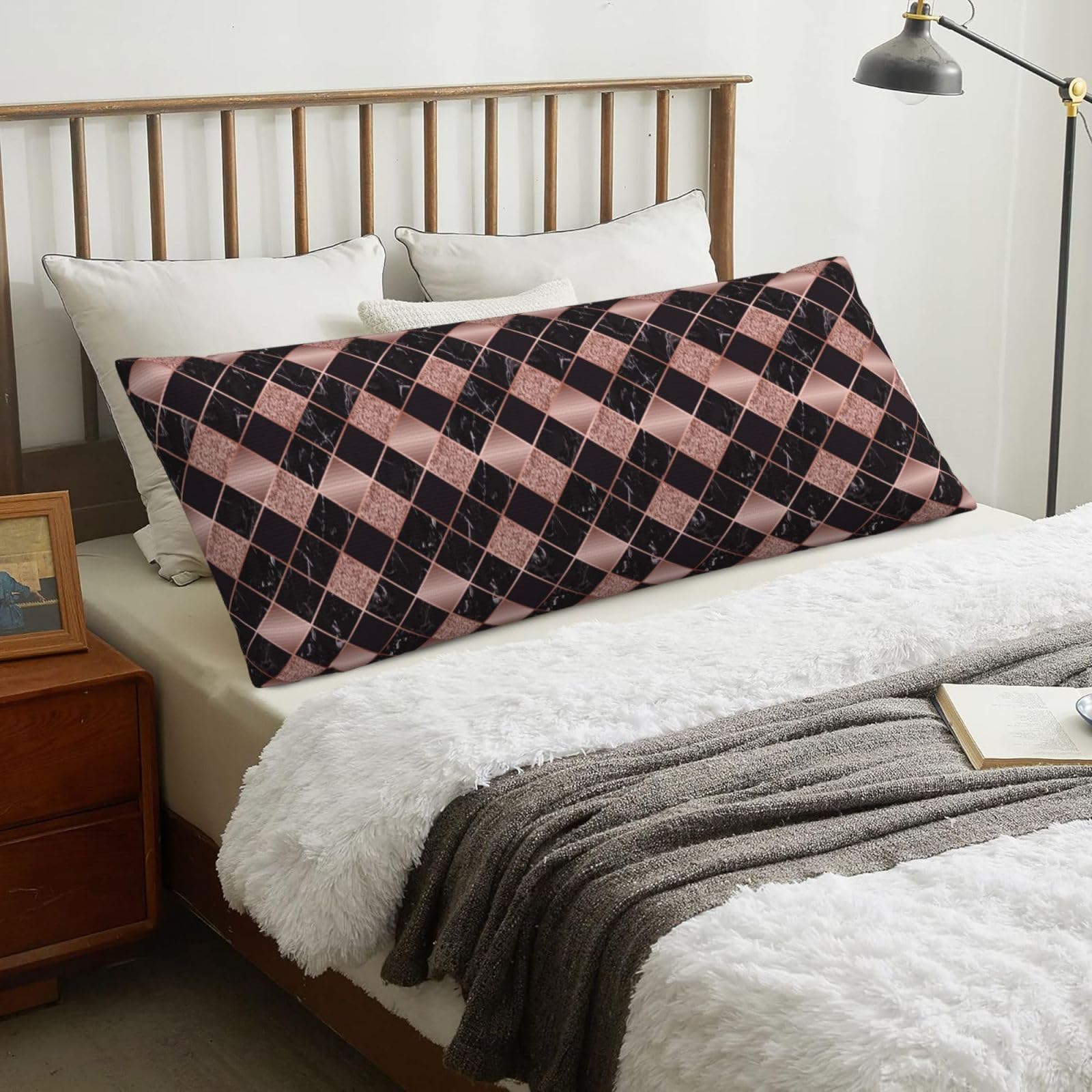 Rose Gold Marble Pink Black Geometric, Body Pillow Cover with Zipper,Long Body Pillowcase 20 x 60 in