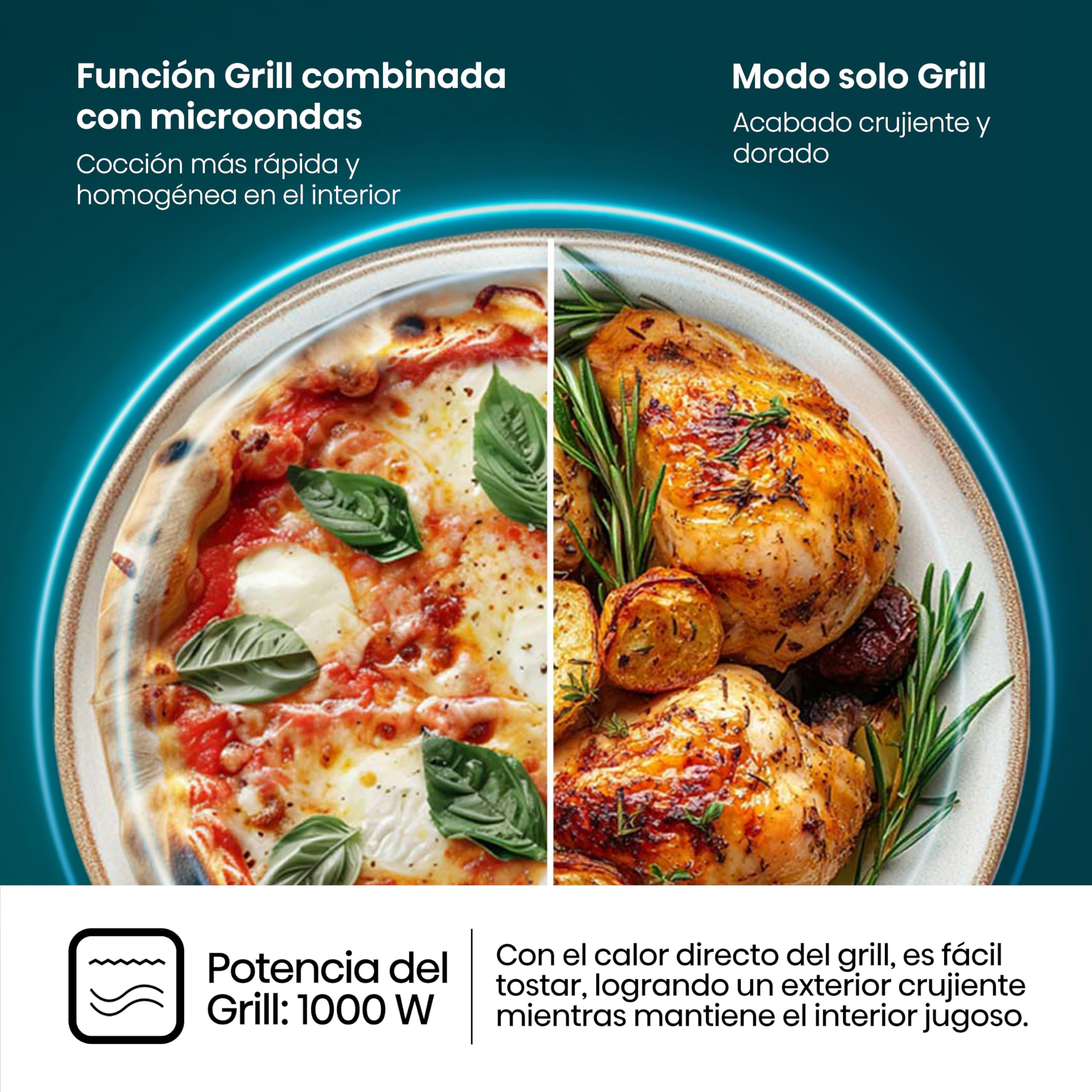 Hisense H23MOBS5HG4 - Microondas Digital con Grill 23 Litros, 1000W, Revestimiento Cerámico, Cristal Premium, Modo ECO, Descongelación programada, 10 Niveles de Potencia, Fácil Limpieza