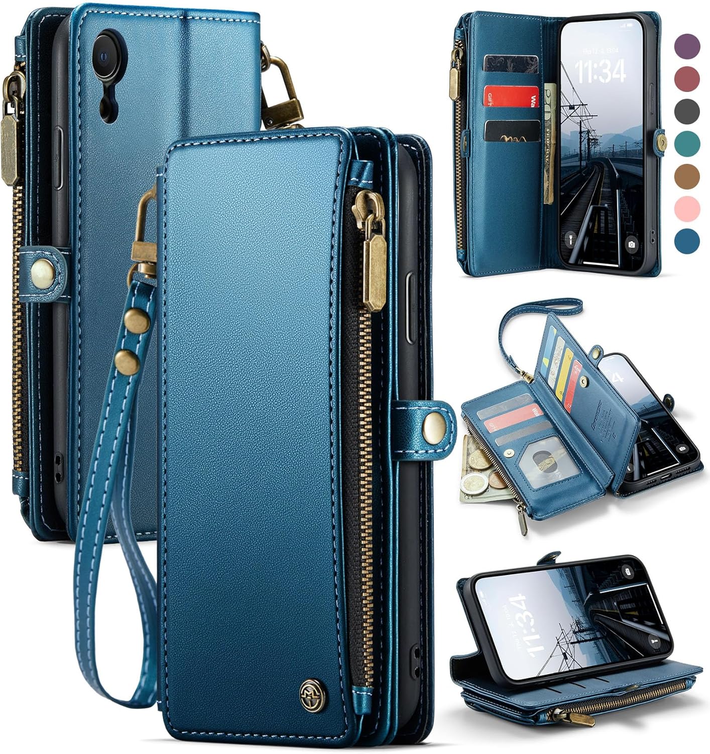 Defencase Compatible with iPhone XR Case Wallet with RFID Blocking Card Holder for Women and Men, Fashion PU Leather Magnetic Snap Flip Zipper Strap Wallet Phone Case Fit for iPhone XR 6.1", Dark Blue
