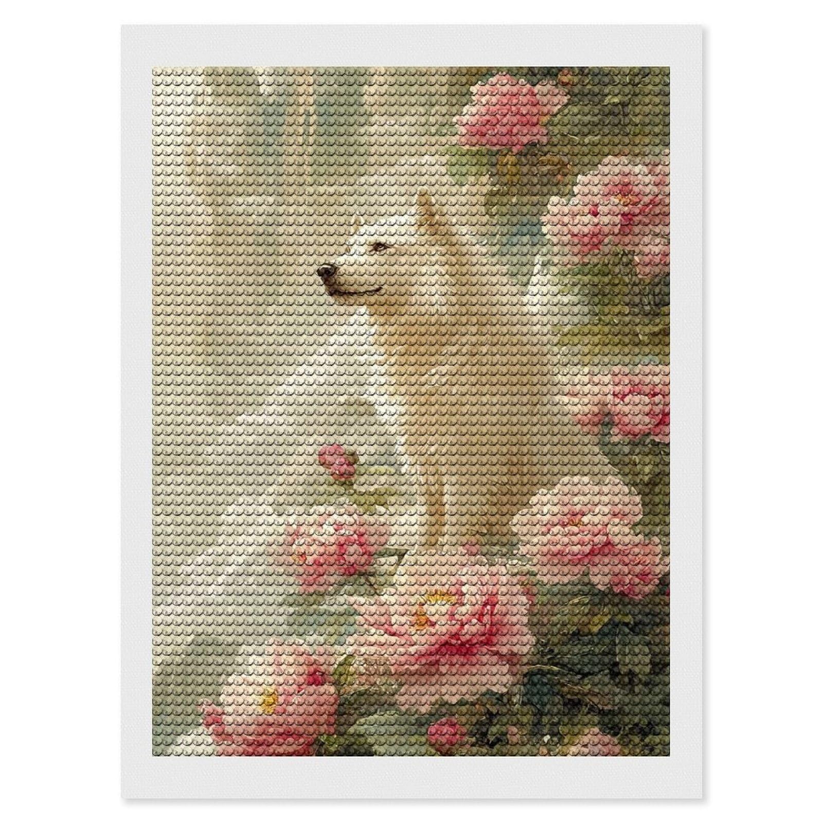 Junmoney White Wolf and Peonies DIY Diamond Art Canvas Kit 12"x16", Complete Accessories, Creative Leisure Activity, Home Wall Decor, Gift Idea