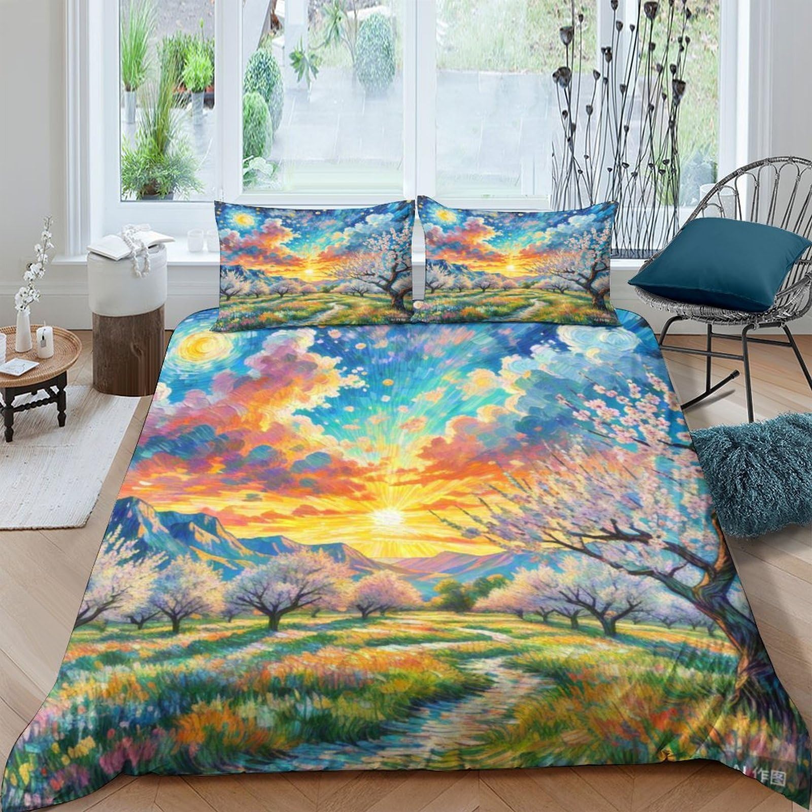 Housse de couette 220x240cm fleur d'abricot pour chambre ado