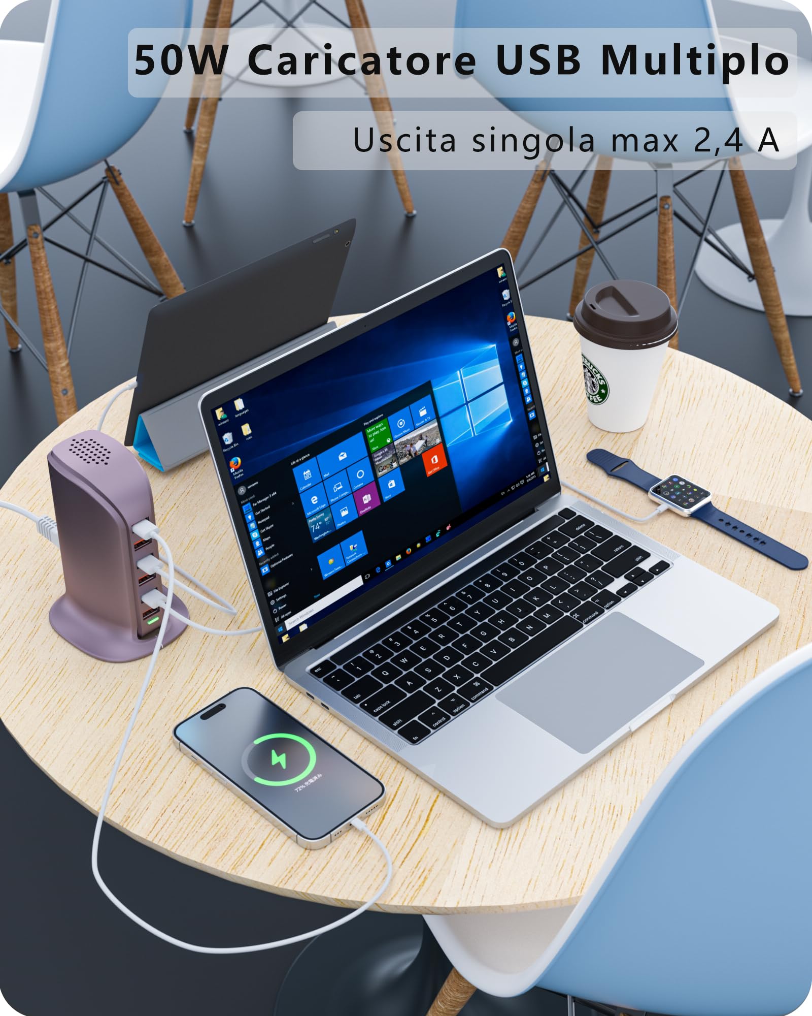 WUKUR 50W Caricatore USB Multiplo,Stazione di Ricarica USB Multipla per Smartphone,Tablet,Ricarica Rapida 5V2.4A