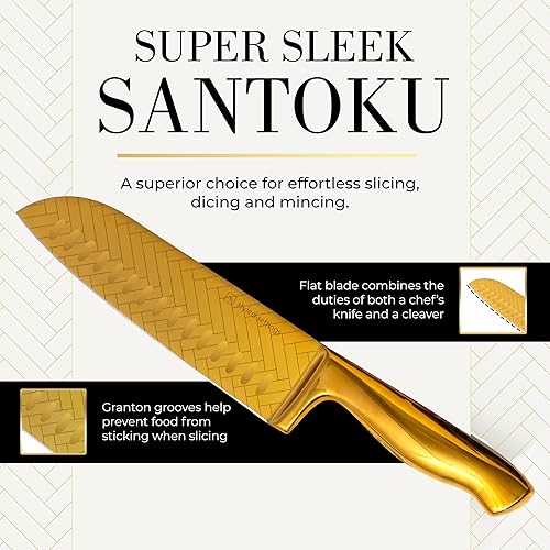 Miniatura 7 de Juego de cuchillos dorados para cocina, 14 piezas, cuchillas recubiertas de titanio con patrón de hojas grabadas, acero inoxidable ultra afilado,