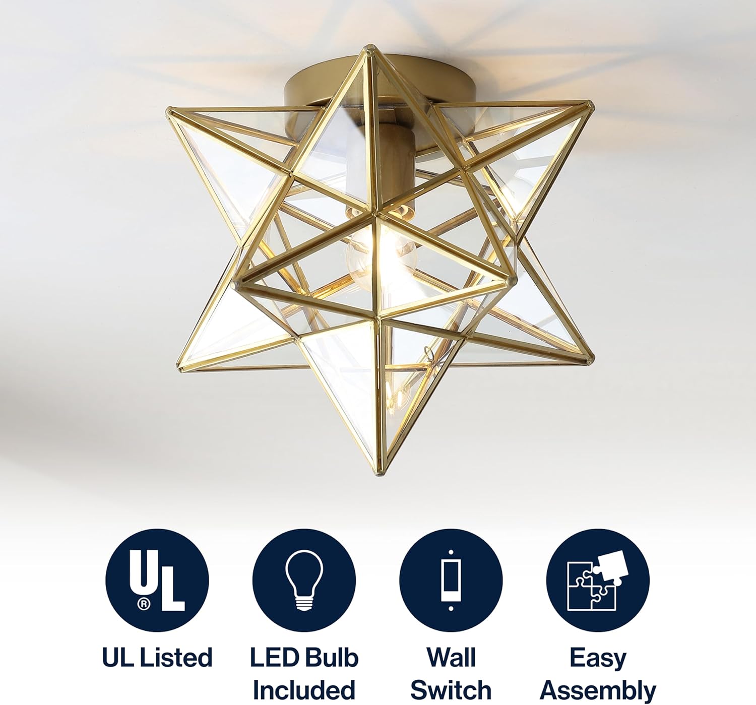 JONATHAN Y 12" Gold/Clear Moravian Star LED Flush Mount Ceiling Light, Geometric Iron Lantern with Clear Glass Shade for Entryway Hallway Foyer, LED Bulb Included (JYL9035B)