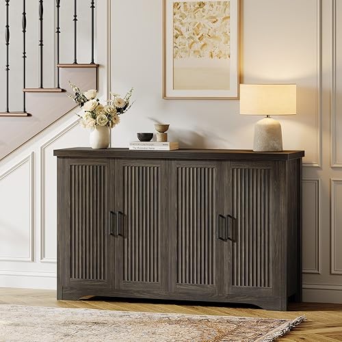 Vista 8 de Armario de buffet acanalado con aparador de almacenamiento, credenza moderna con 4 puertas y estantes ajustables, consola de mesa de café de madera