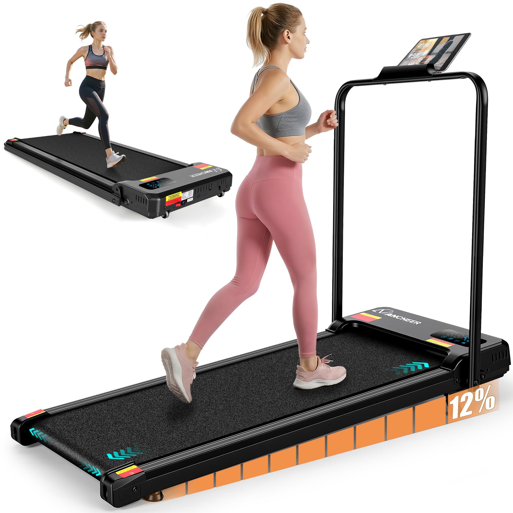 ANCHEER Treadmill with 12%/15% Incline, Folding Walking Pad with Handle Bar, 320-450lb Capacity Under Desk Foldable 3.5HP Treadmills for Home/Office/Gym,Installation-Free Classic Black3