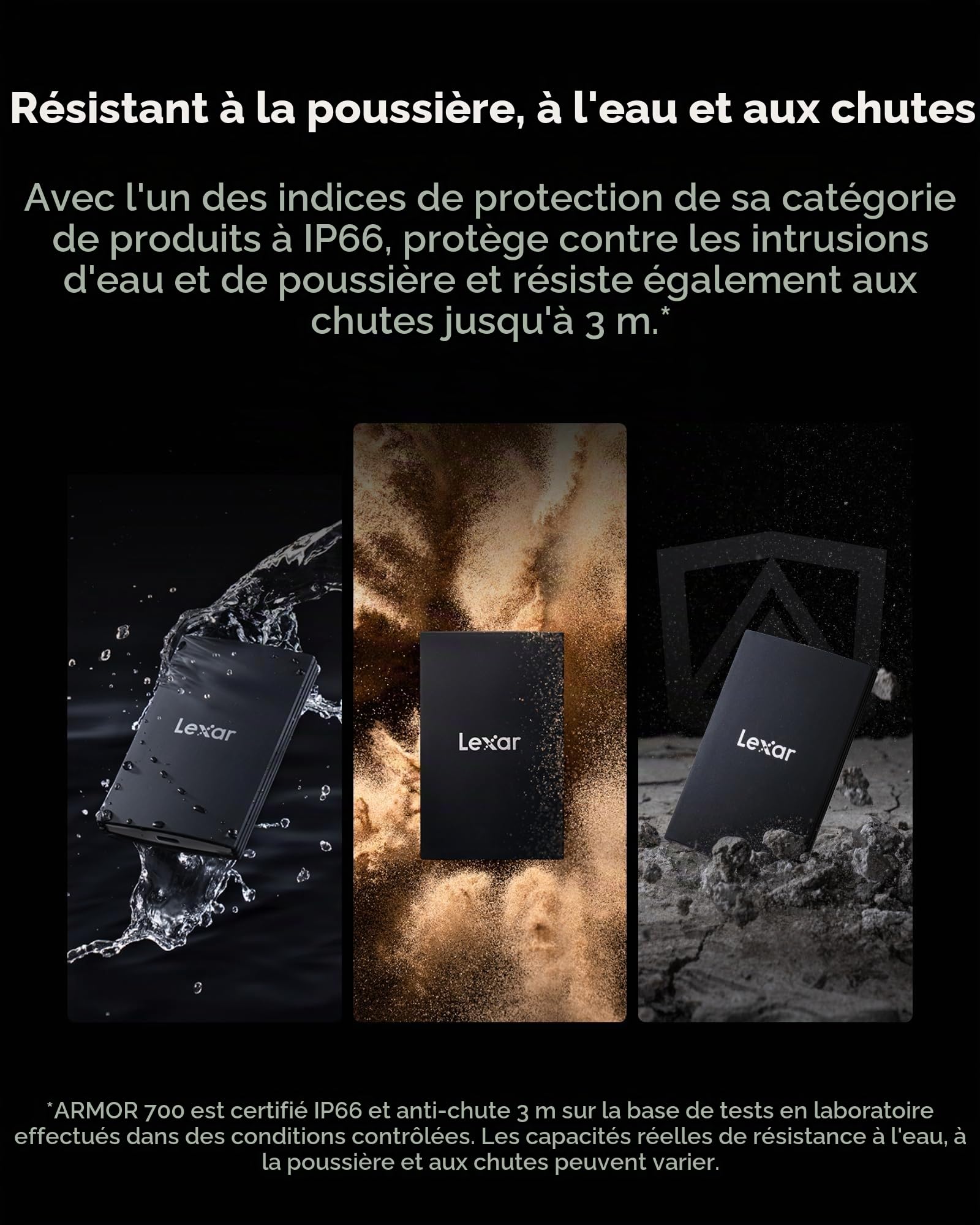 Lexar Armor 700 SSD Portable 4To, jusqu'à 2000 Mo/s en Lecture et écriture USB 3.2 Gen 2x2, SSD Externe IP66 résistant à l'eau et Poussière, Compatible avec Mac/PC, iPhone 15 Pro(LAR700X004T-RNBNG)