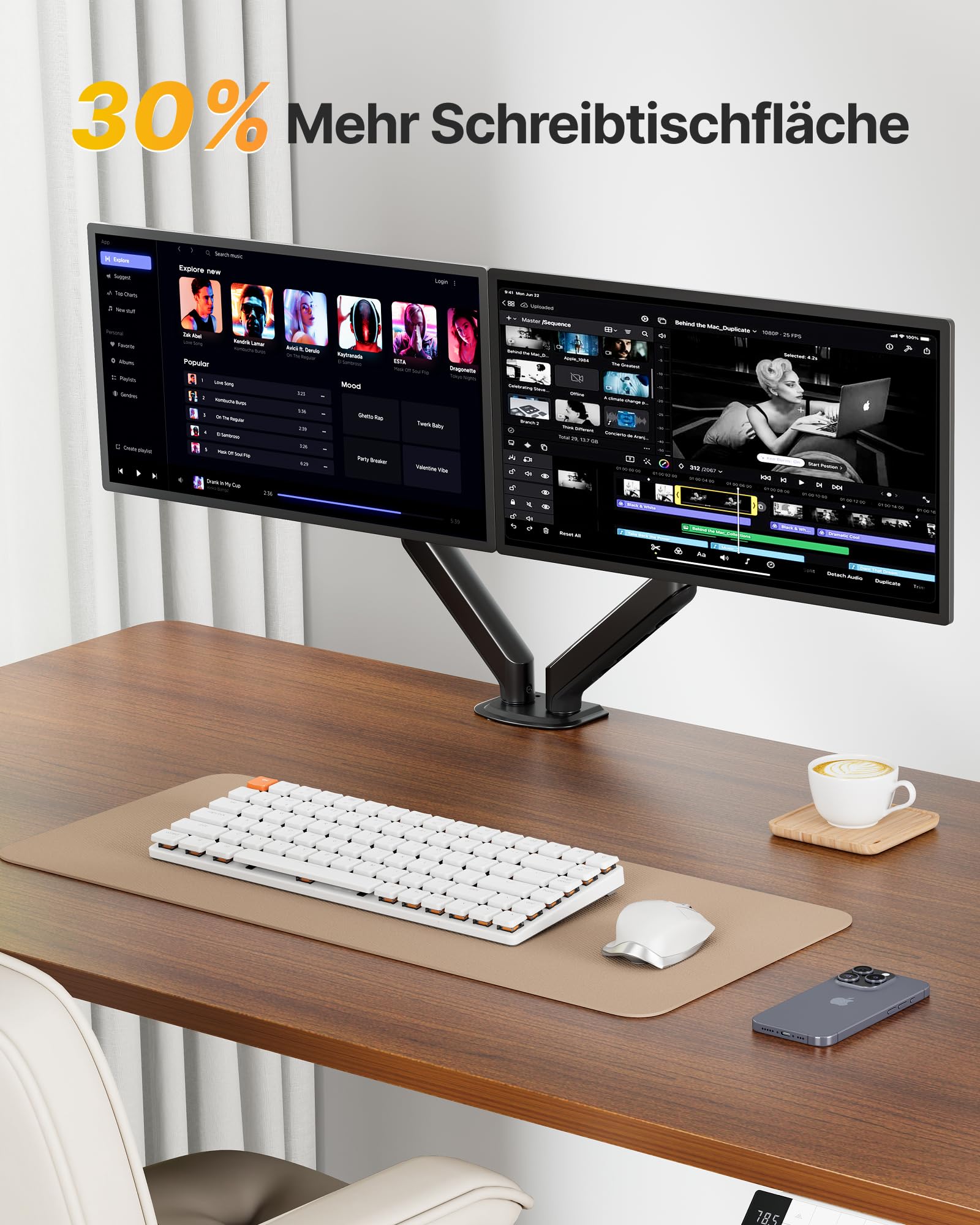 monTEK Soporte Monitor Doble 17 à 32", VESA75/100,Carga máx de 9Kg | Soporte Para Pantalla, Brazo Ajustable, Orientable, Inclinación de +90° a -45°, Fijación Mediante Abrazadera u Ojal