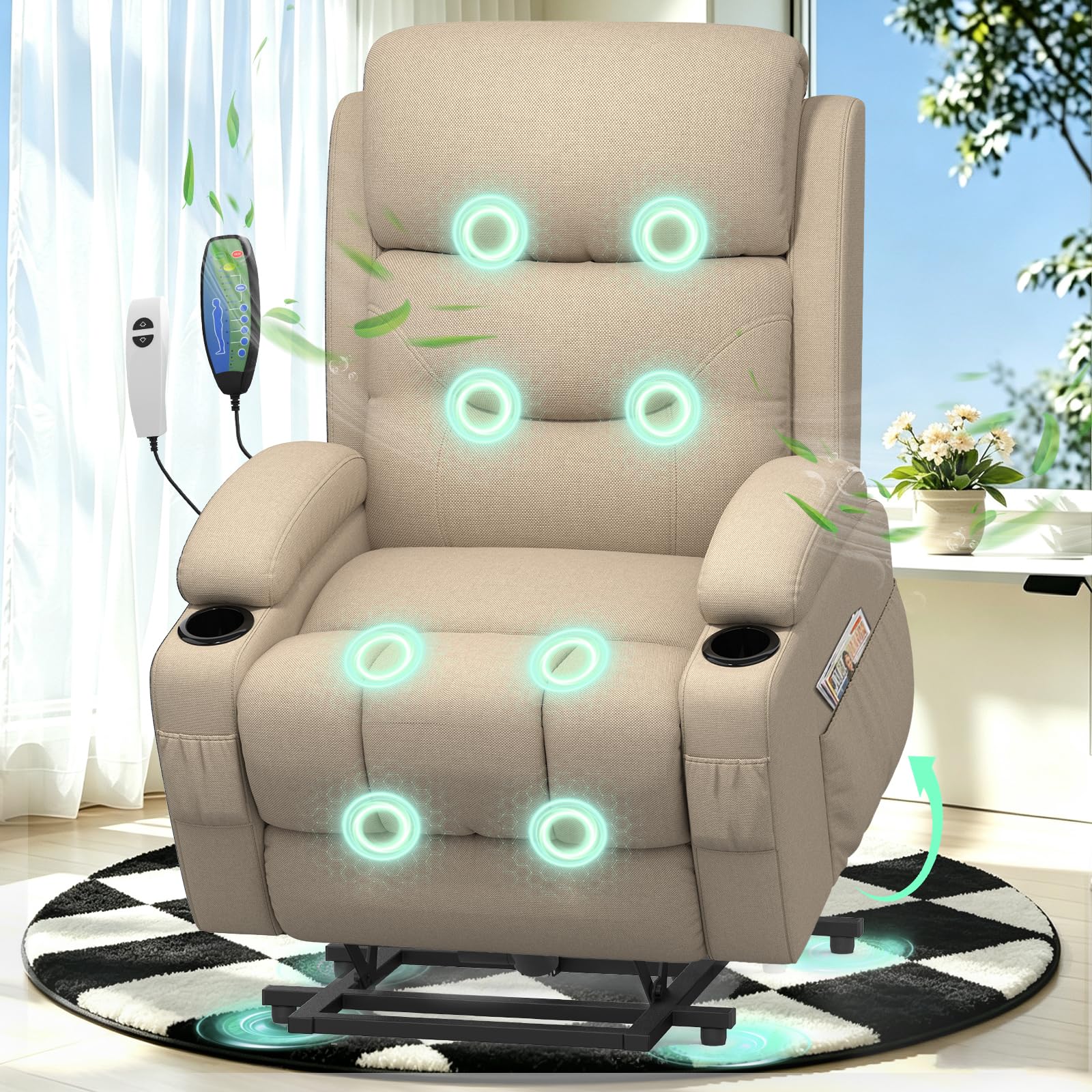 Srfzluxy Lift Chair For the Elderly,Recliner Armchair with Massage and Heat Lift Assist Recliner Chair for Living Room Lounge Sofa 2 Cup Holders & 4 Storage Pockets USB + Type-C Charging Port