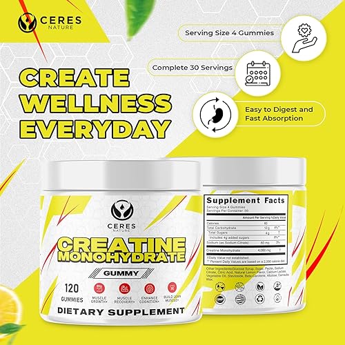 Miniatura 5 de Ceres Nature Gomitas de monohidrato de creatina diseñada para un máximo rendimiento y una recuperación rápida. Este sabroso y conveniente suplemento