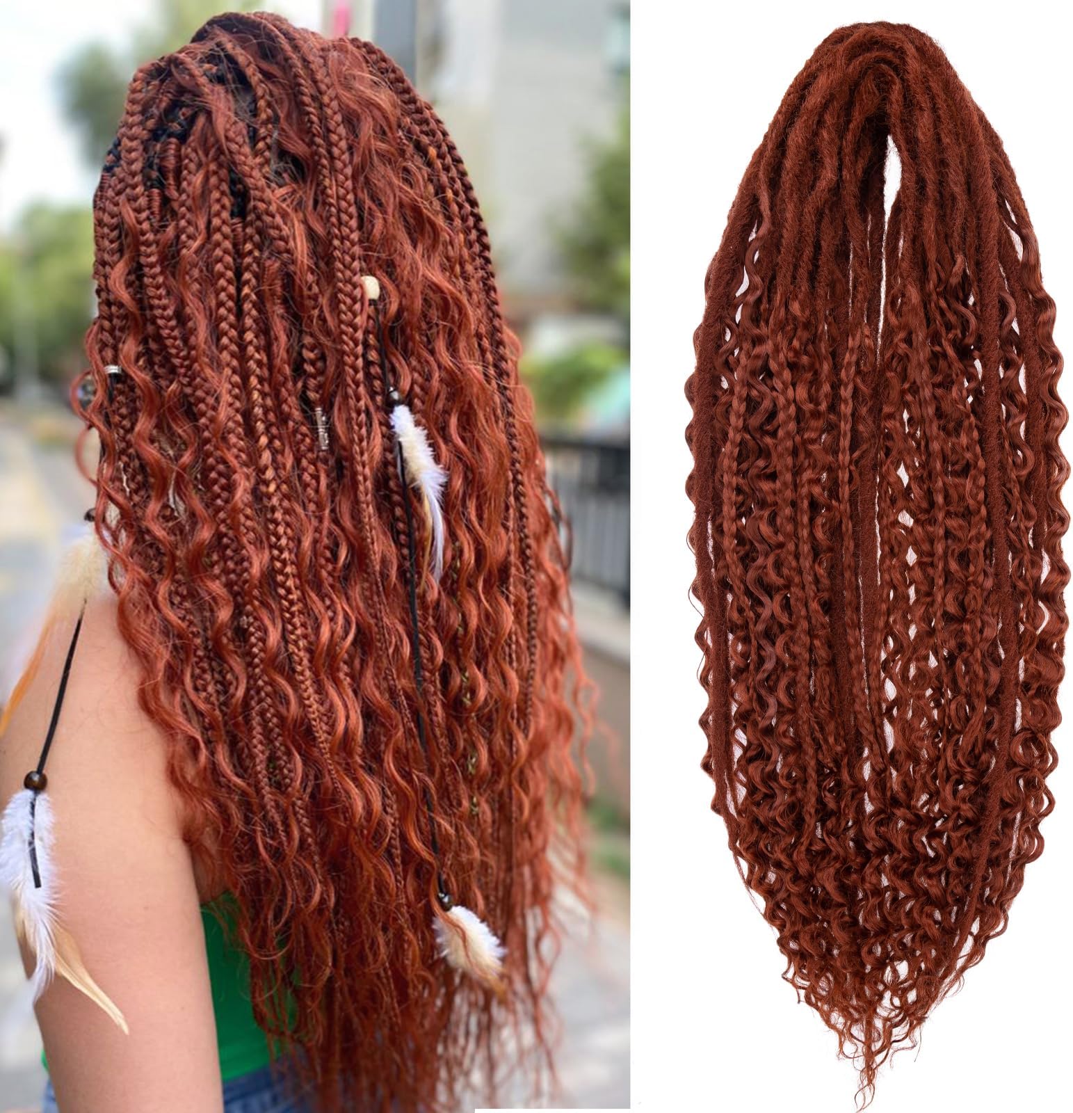Leeven 30 Strands Double Ended Dreadlock Extensions 24 Inch Thin Synthetic Boho Dreads Copper Red 3 Style Mixed Full Set Wool DE Wavy Curly Hippie Dreads Braid in Soft Viking Dread for Women Men