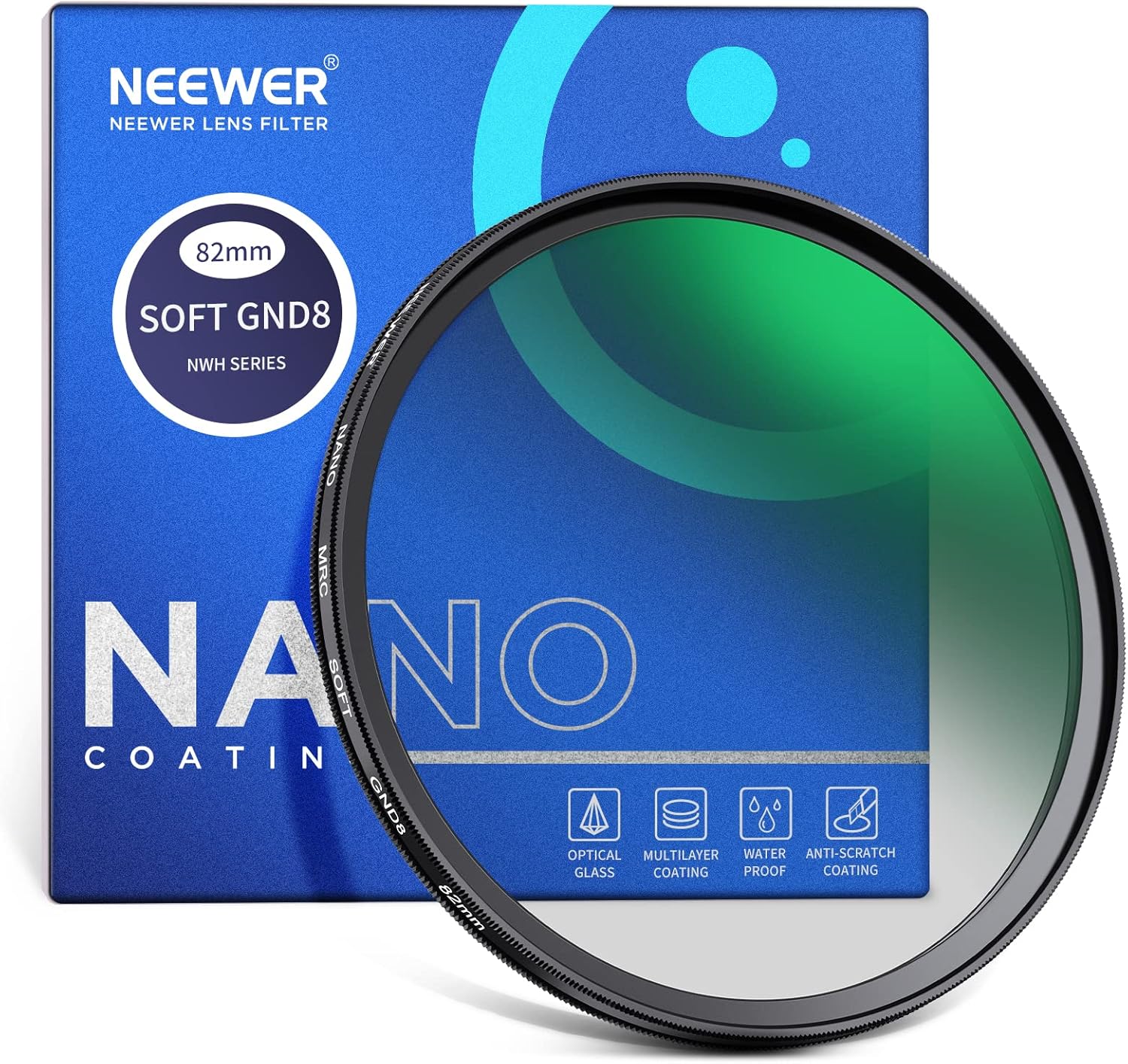 NEEWER Filtro de lente ND degradado suave HD de 3.228 in, GND8 de 3 paradas (0.9), filtro de densidad neutra graduada, 35 capas nano