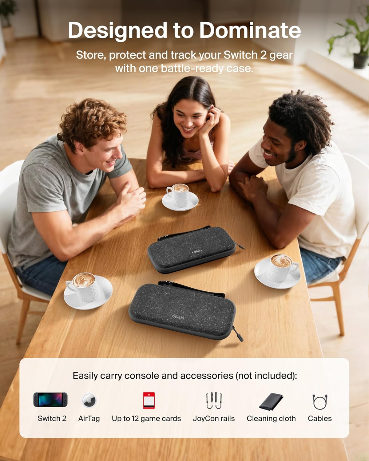 Belkin Nintendo Switch 2 Case, Travel Bag w/AirTag Holder & Storage Pocket for Up to 12 Game Cards - Portable, Lightweight Carrying Case w/Hard Shell, Soft Interior, Switch 2 Accessories - Charcoal - Image 4