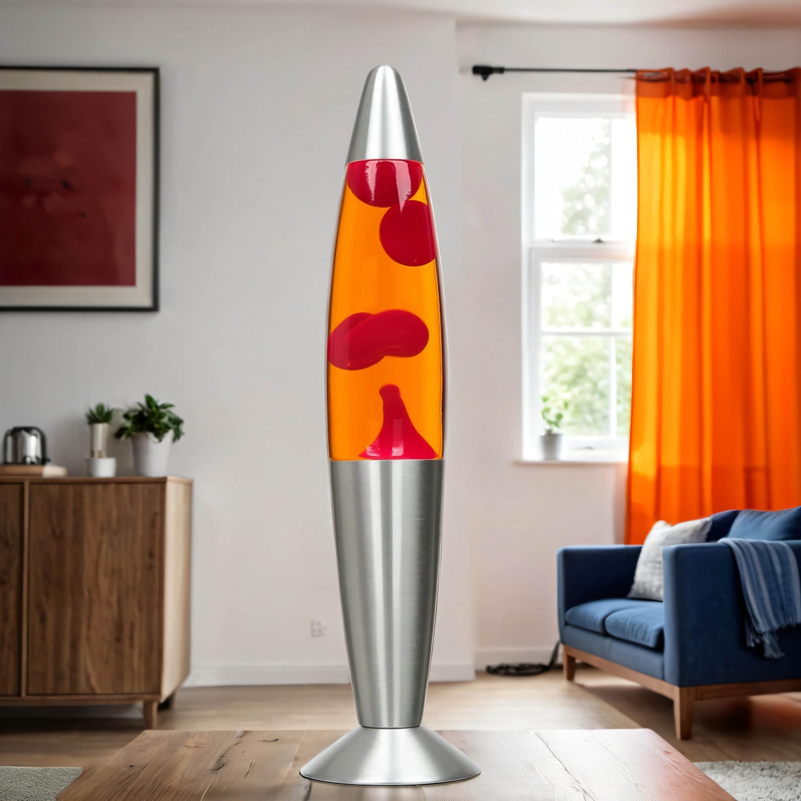 Lampada lava in vetro e alluminio color argento, arancione e rosso per soggiorno, H:36 cm, G9, inclusa lampadina, lampada da tavolo retro rilassante TIMMY