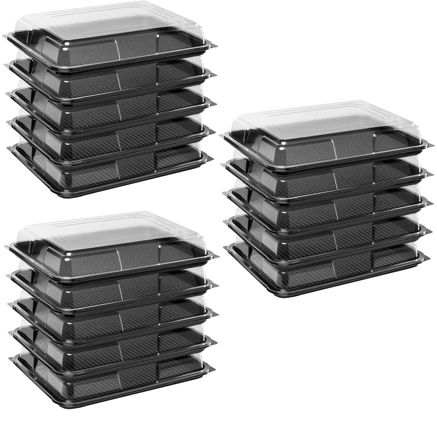 Deli Supplies Pack of 15 Medium Rectangle Food, Cake, Sandwich Platter Tray Set, Black Tray Base with Clear Lid Durable Buffet Catering Food Sandwich Trays (L390mm x W290mm x 70mm with Lids)
