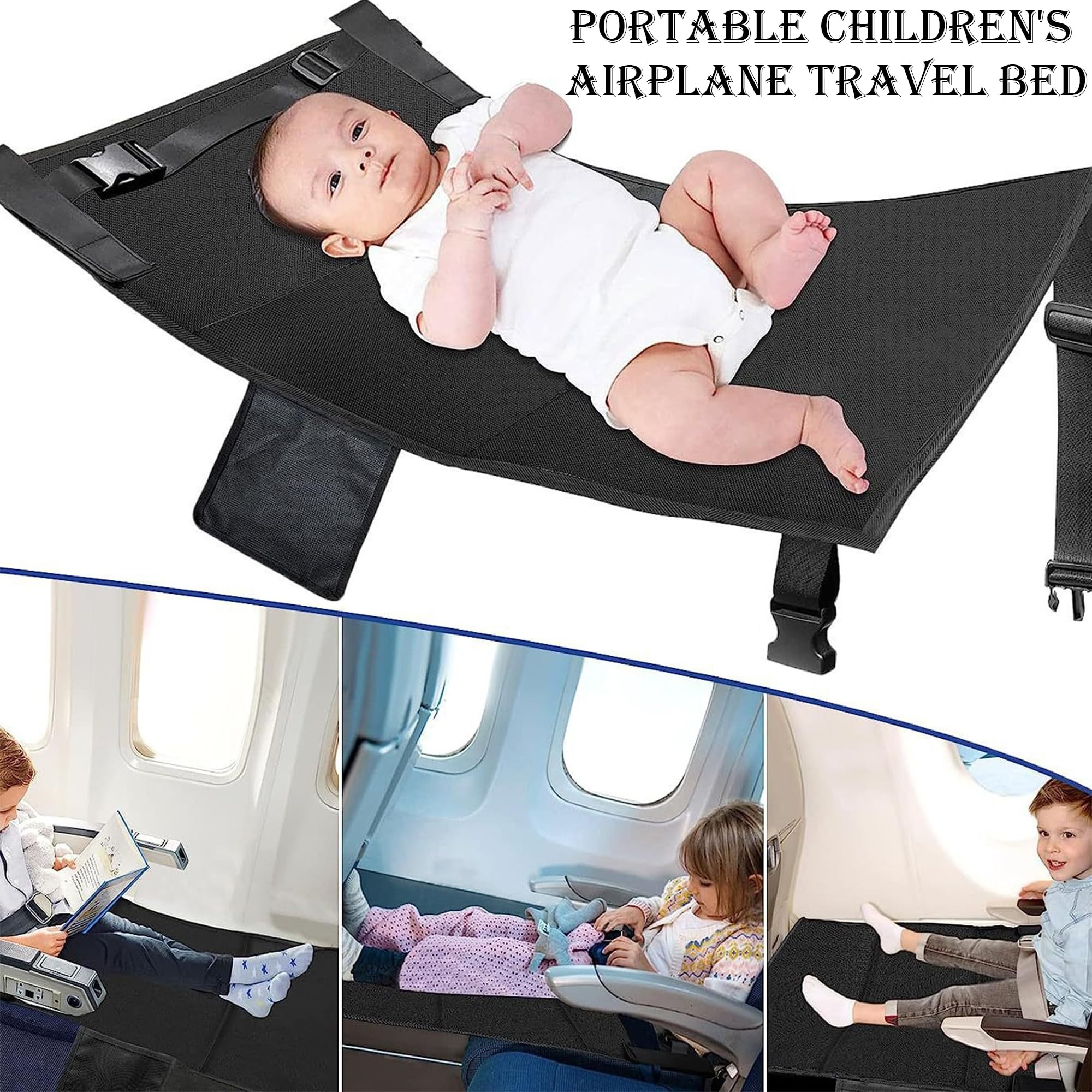 CXAFQ Black Toddler Travel Bed, Foot Hammock for Flight Baby Travel Essentials, Size 79 * 44cm, Satisfy Kids Active - Image 4