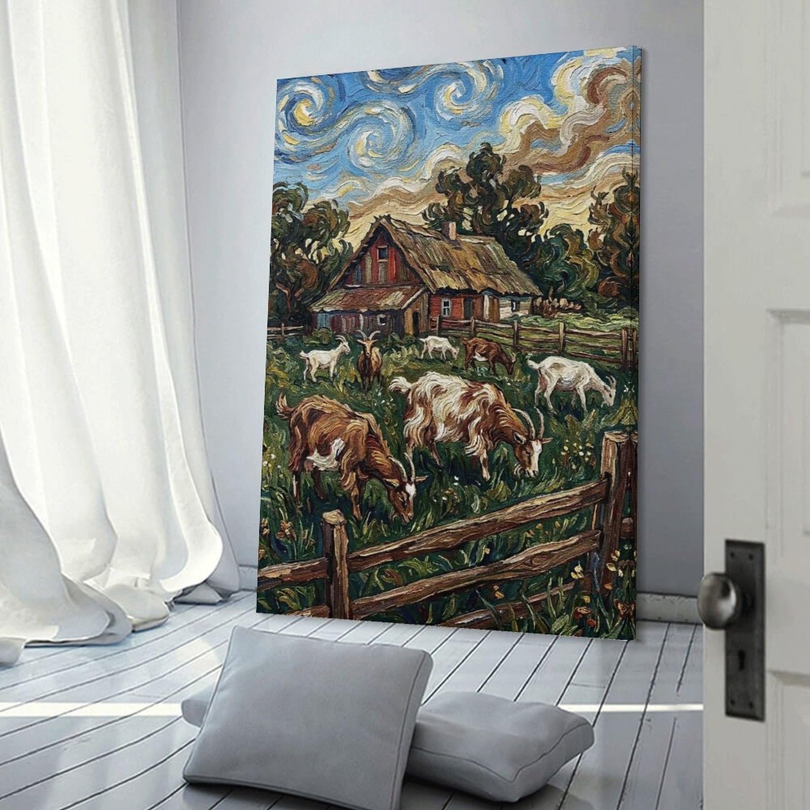 Junmoney Canvas Wall Picture Goats Grazing Near Farmhouse Painting, 08x12inch(20x30cm), for Office, Study Or Home Workspace, Canvas Wall Decor for Creative Rooms
