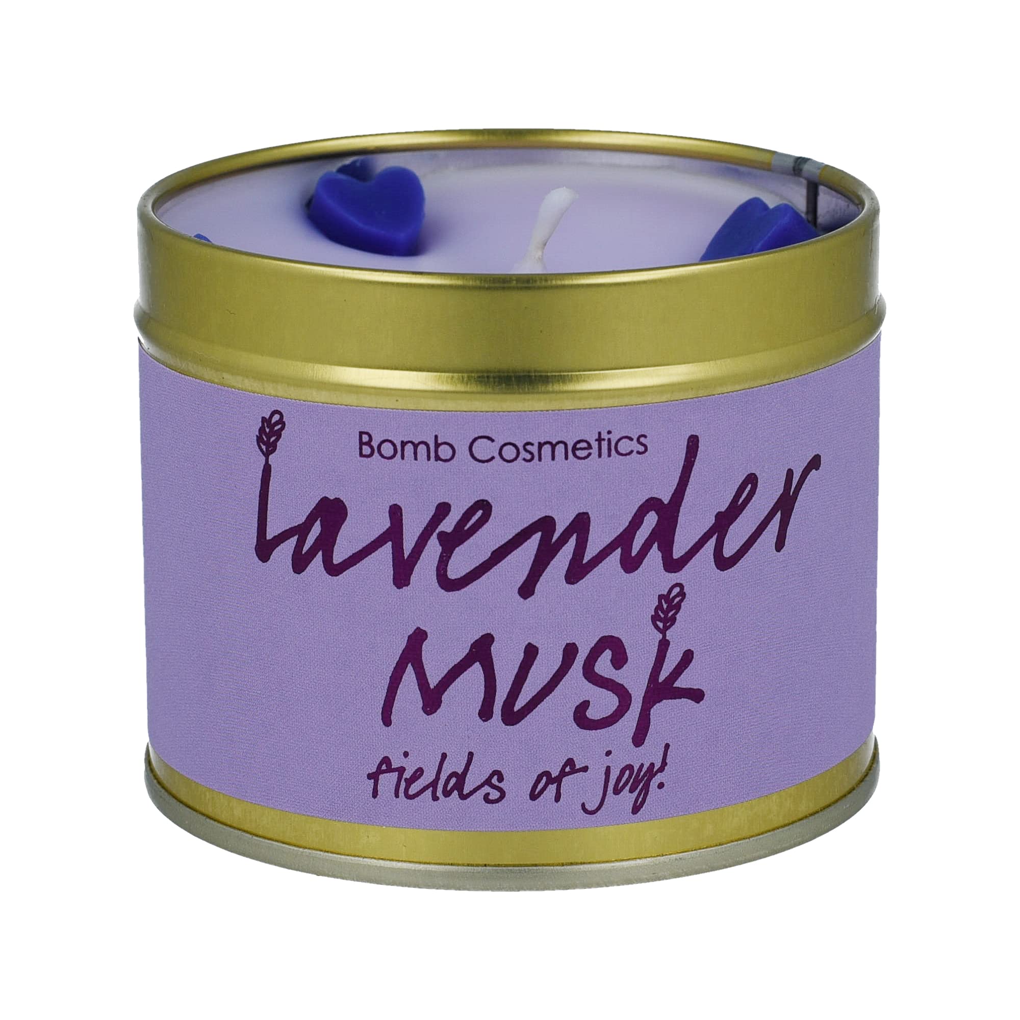 Bomb Cosmetics Lavender Musk Scented Tin Candle; Contains Pure Lavender & Marjoram Essential Oils; Vegan Friendly; 30-35 Hour Burn