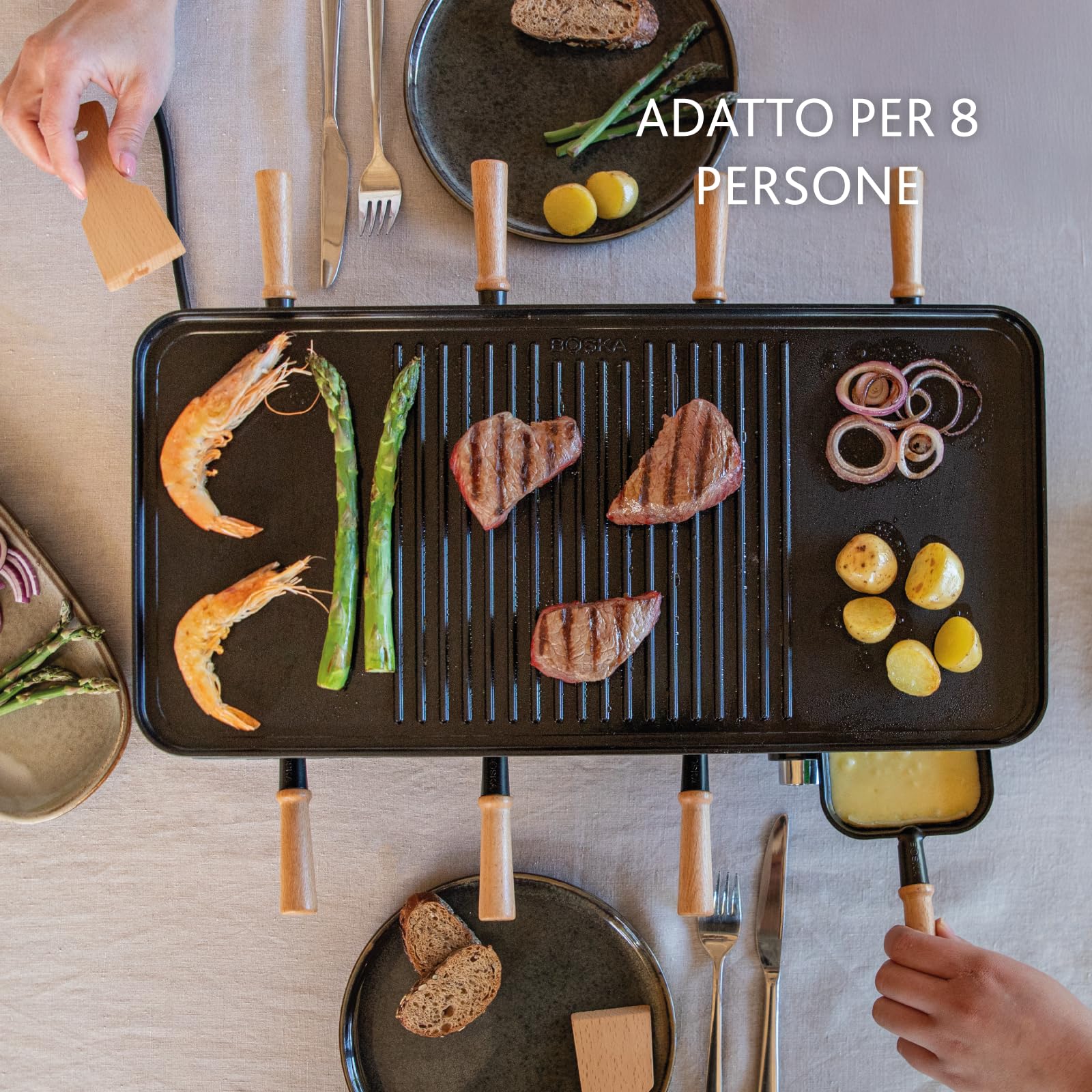 Boska Raclette Party – Griglia da tavolo per 8 persone – Senza PFAS – Piastra in ceramica – Manici in legno di faggio – Piastra in alluminio reversibile – Nero