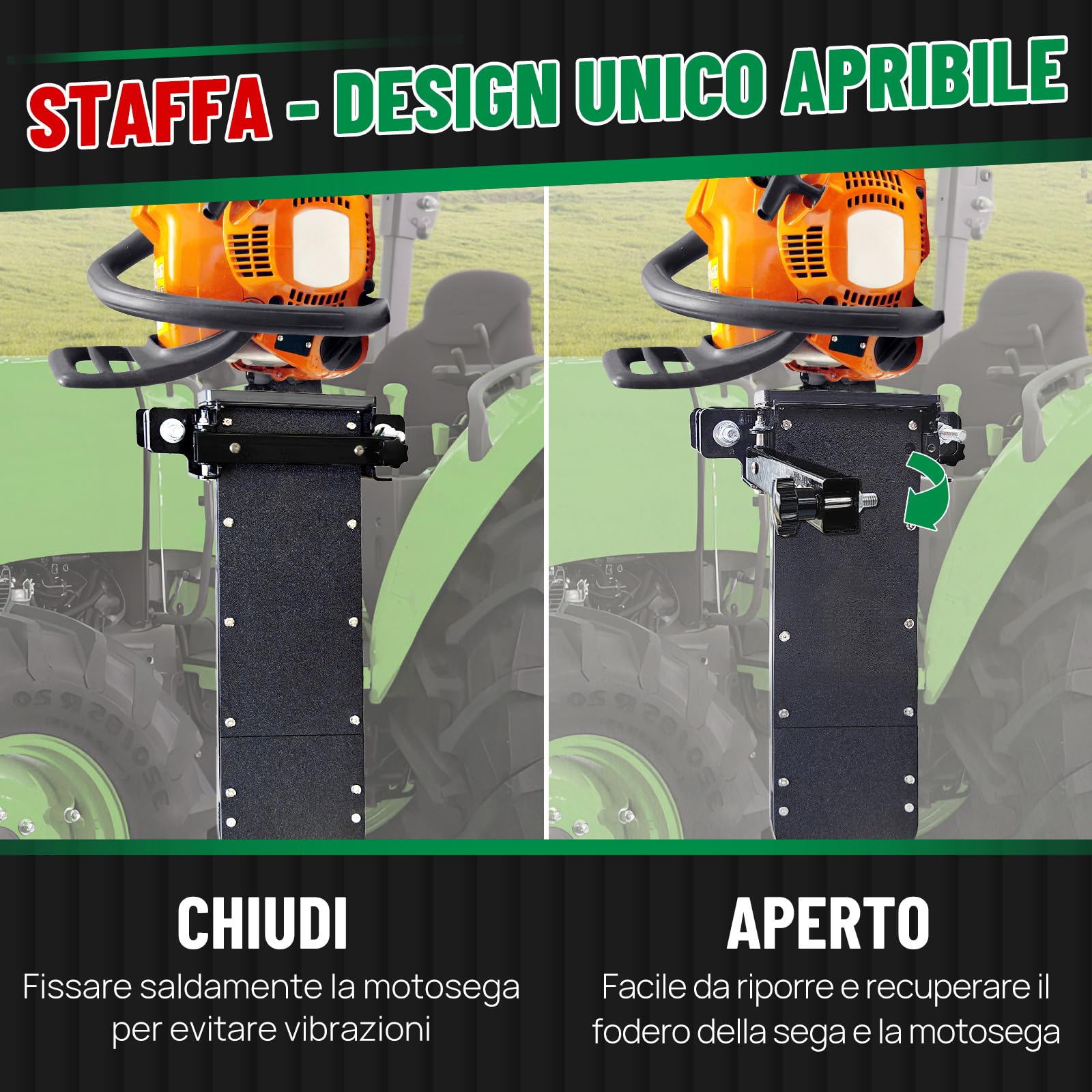 Zozen Supporto per motosega trattori，Adatto a tutte le dimensioni di sega | Supporto da 5,9kg per portellone ad apertura laterale+fodero per motosega; supporto per ATV/UTV; protezione dalle vibrazioni.