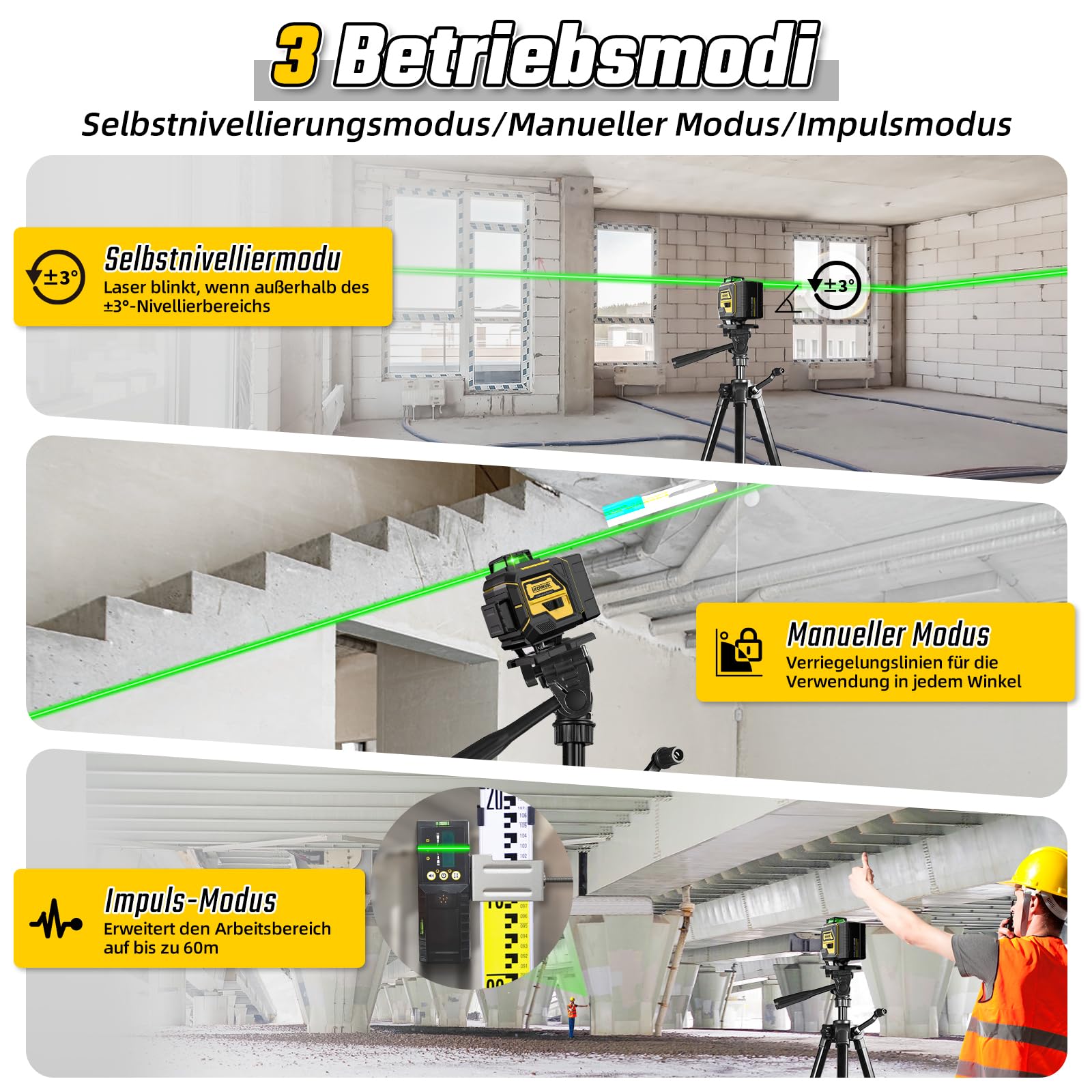 Kreuzlinienlaser mit Stativ, 4D 16 Linienlaser Grün Kreuzlaser 4x360° Laser Wasserwaage Kreuzlaser Selbstnivellierend für Innenbereich Baustelle Mit 1.27M Stativ, 4800mAh Batterien, Fernbedienung
