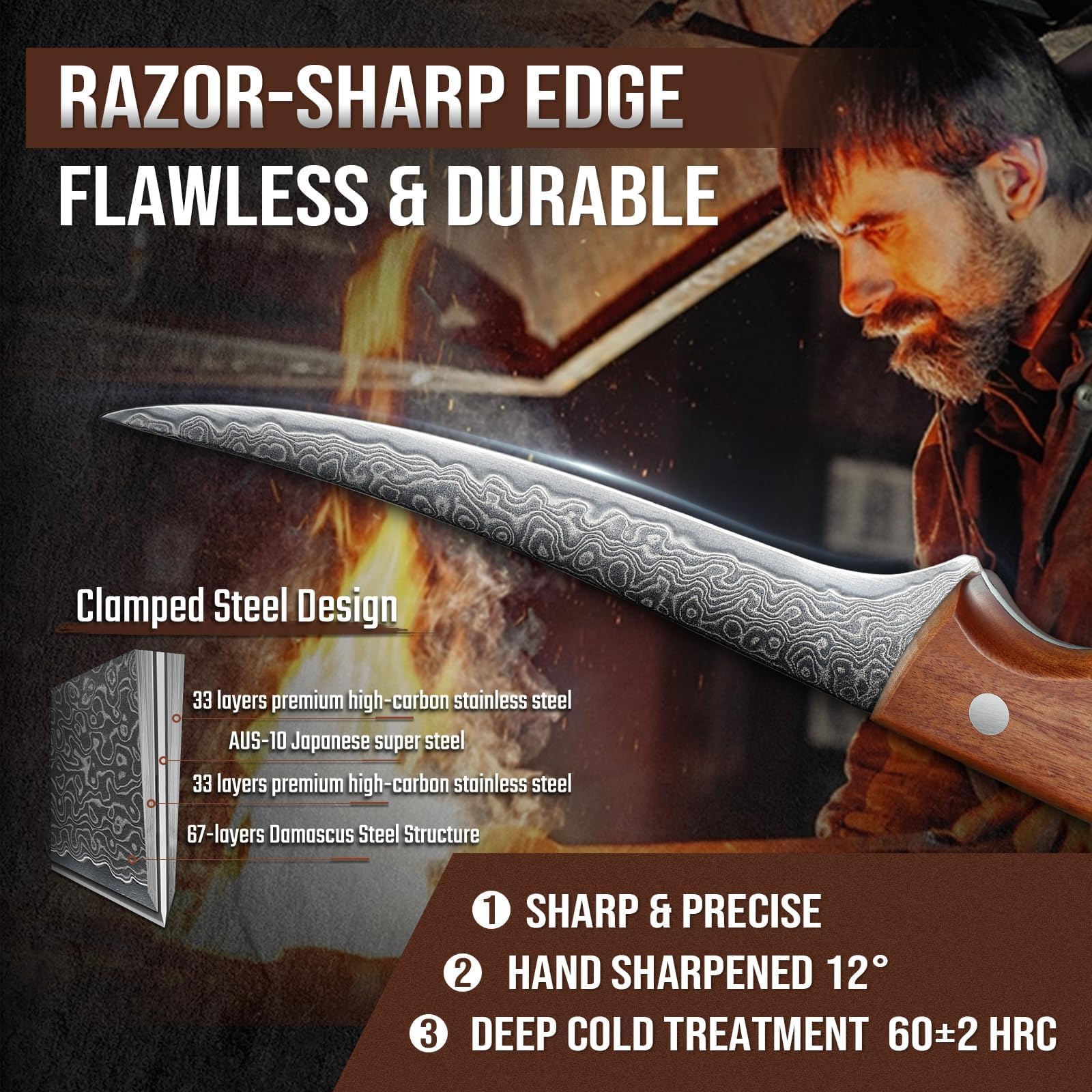 DRAGON RIOT Ausbeinmesser profi, Fleischmesser extrem Scharf Damastmesser mit Ergonomischer Griff, Damaststahl Filetiermesser Metzgermesser profi Grillmesser, Damast Messer für fleisch