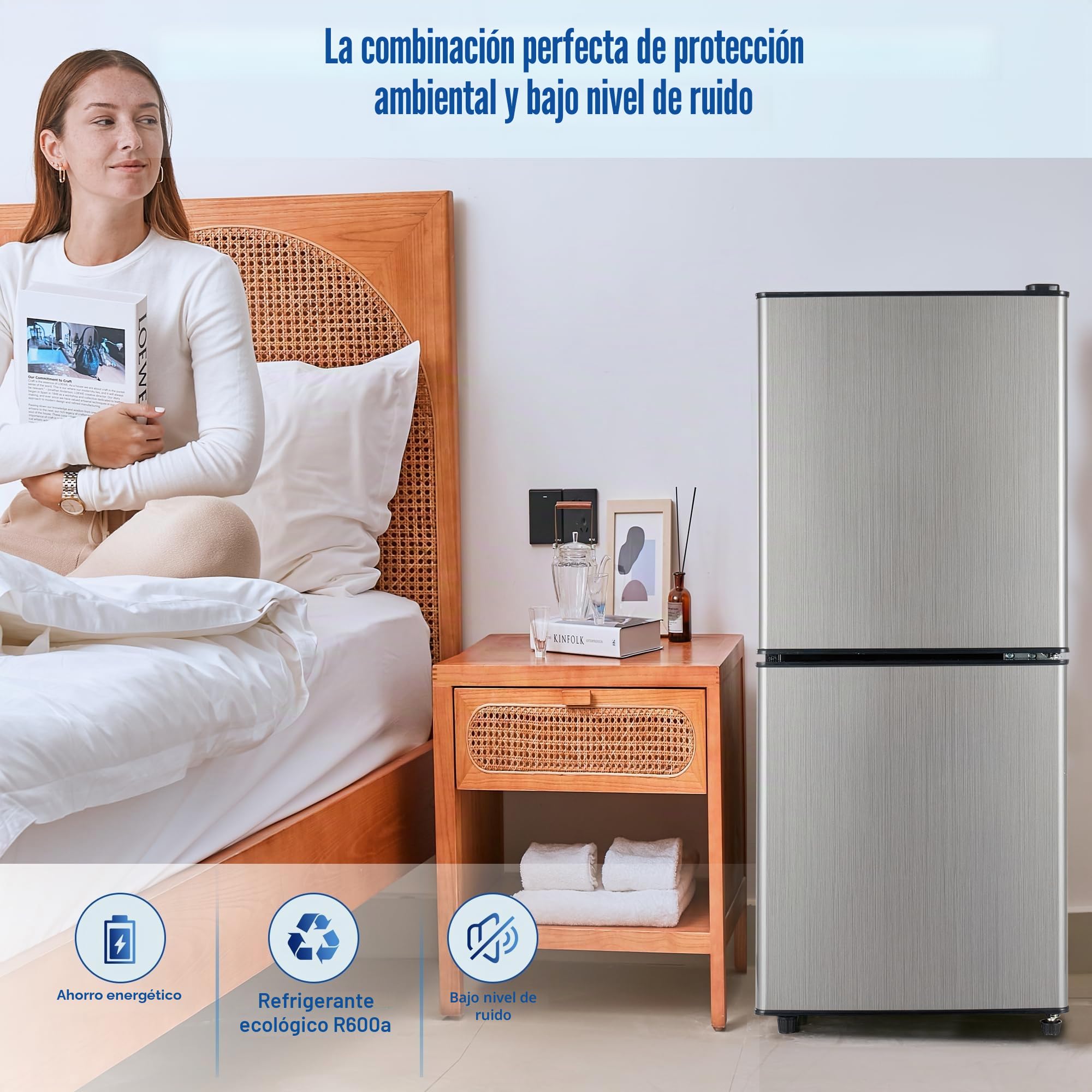 Merax Frigorífico con congelador de 106 L, nevera con congelador de 60 L, congelador de 46 L, 7 ajustes de temperatura, iluminación LED, estantes ajustables, silencioso, 45 dB, gris plateado