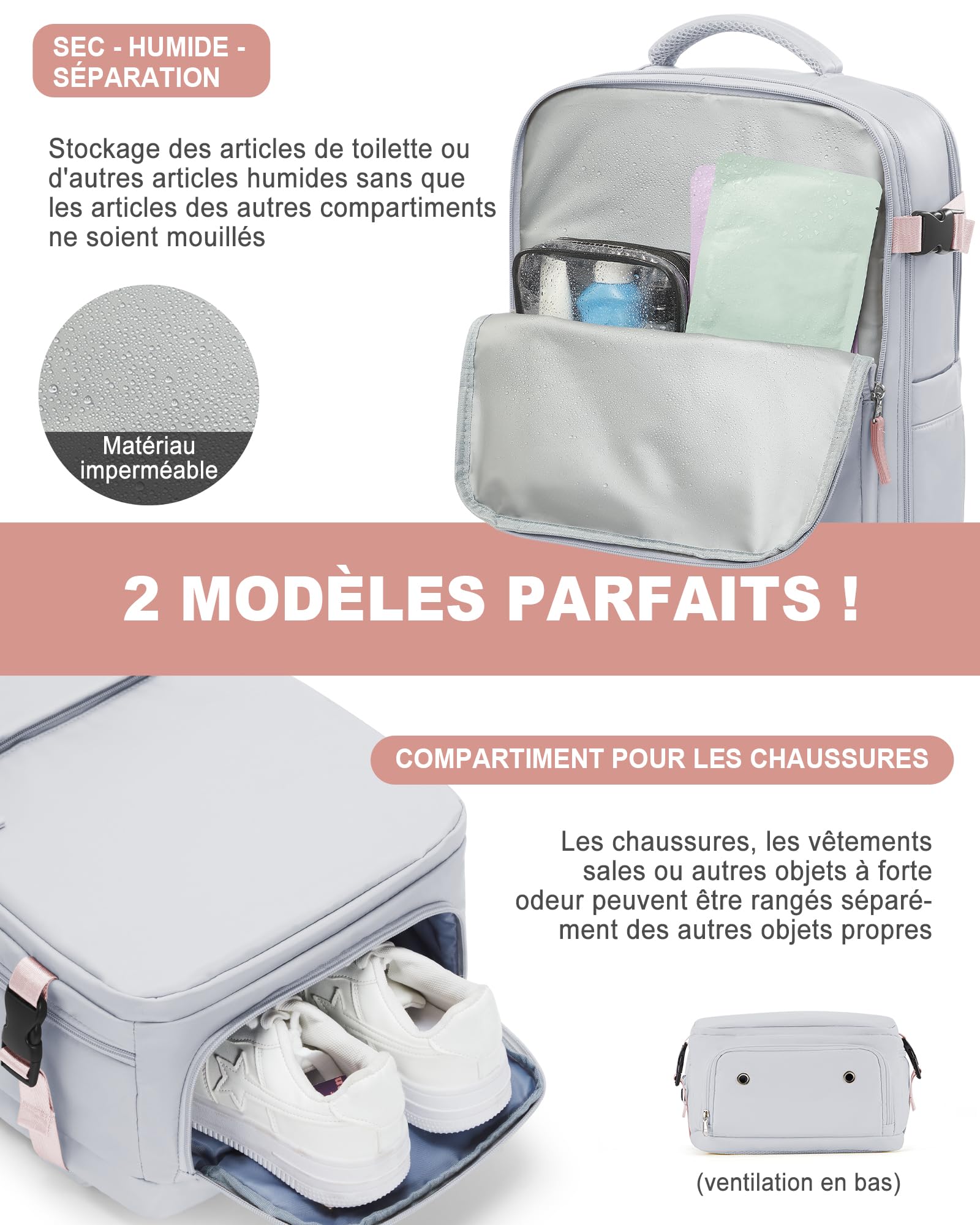 suradar Sac a Dos sous Vide Voyage Cabine Avion avec Pompe, Bagage Cabine 45x36x20 Easyjet Compression Cous Vide Sacs à Dos Ordinateur Portable 15.6 Pouces Homme Femme Gris